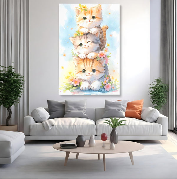 Tablou Canvas Premium, LuxCanva® K1045, Turnuletul Fratiorilor Pufosi, Pisicute, Felina, Pui, Pastel, Flori, Prietenie, Jucaus, Inocenta, Natura, Joaca, Veselie, Distractie, Camera Copil, Dormitor