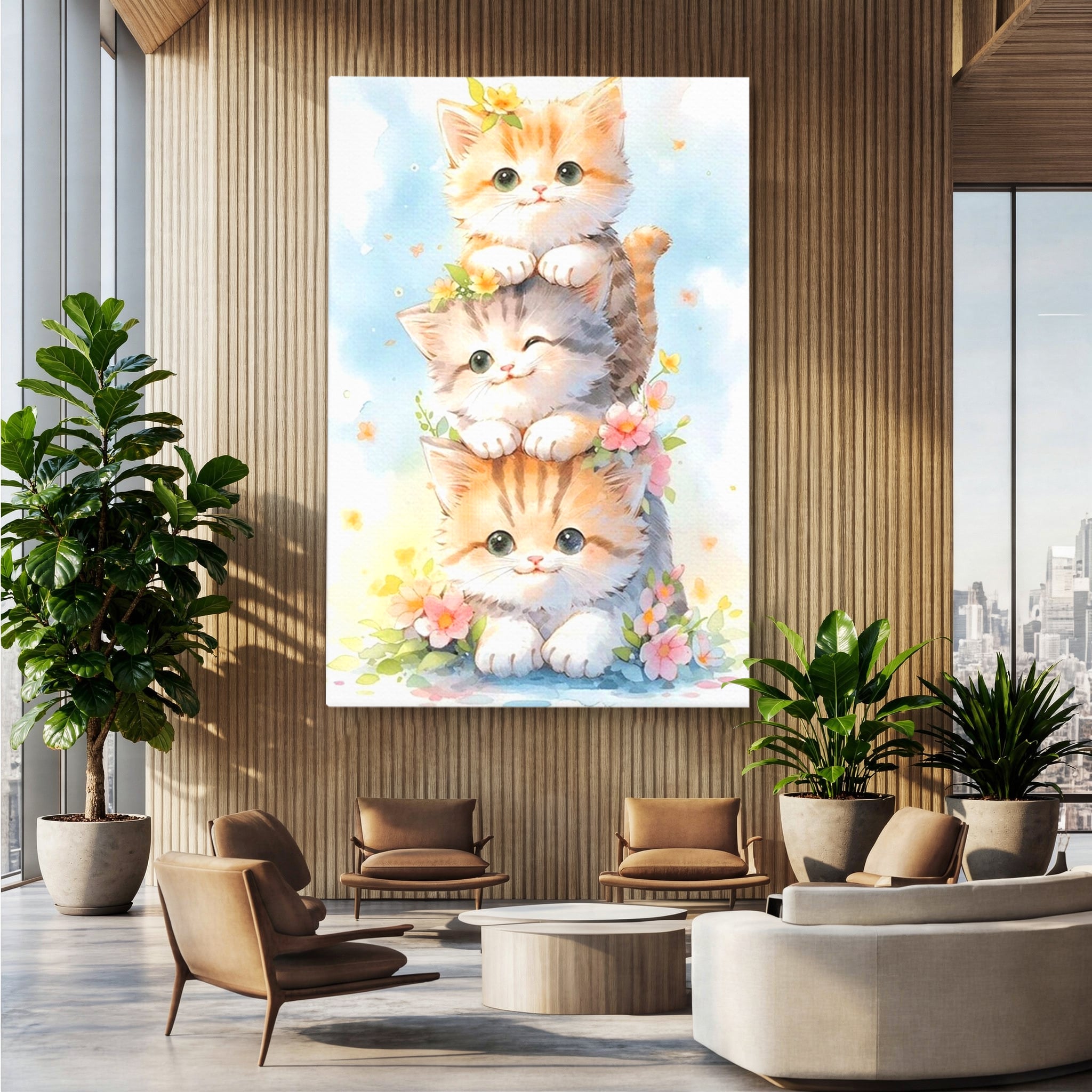Tablou Canvas Premium, LuxCanva® K1045, Turnuletul Fratiorilor Pufosi, Pisicute, Felina, Pui, Pastel, Flori, Prietenie, Jucaus, Inocenta, Natura, Joaca, Veselie, Distractie, Camera Copil, Dormitor