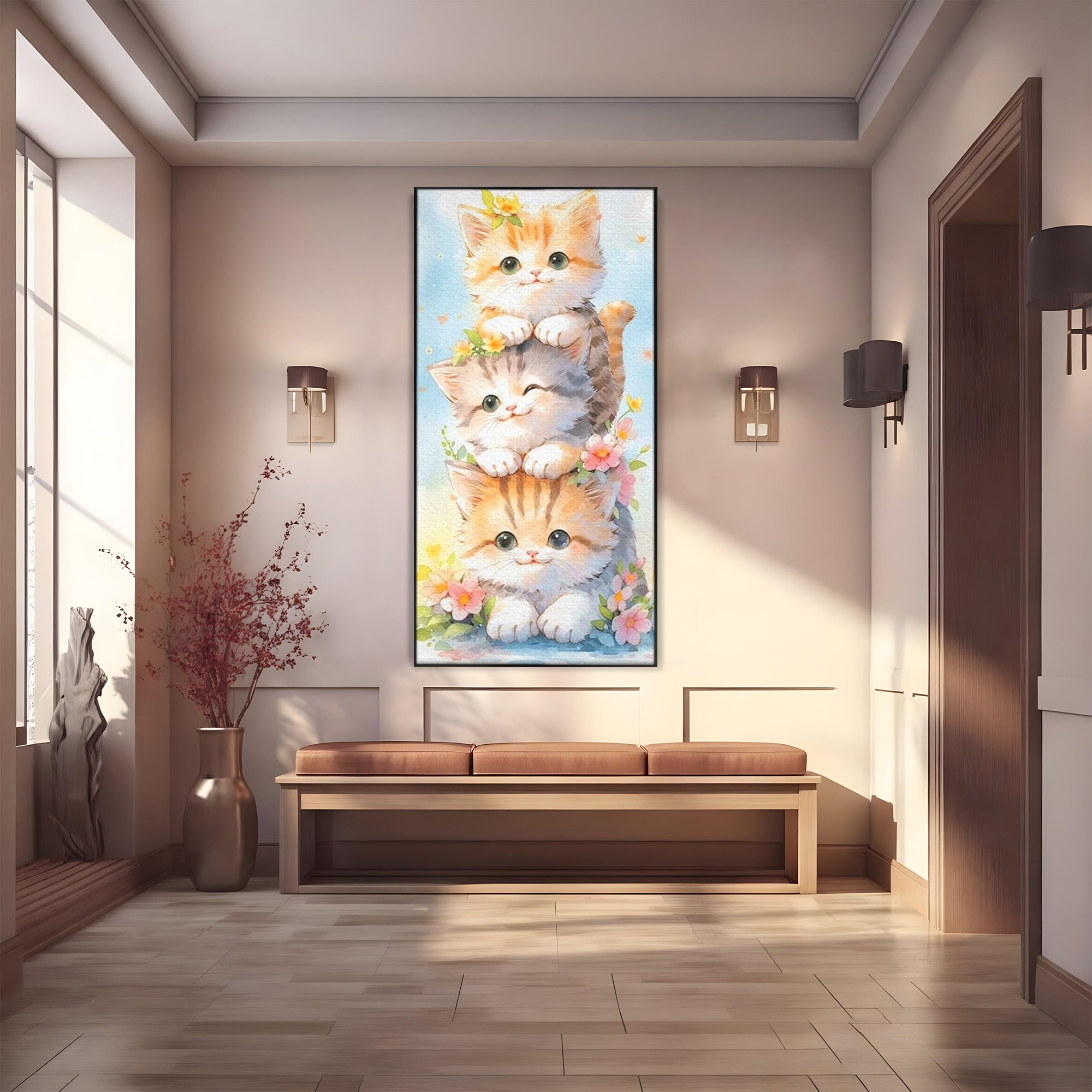 Tablou Canvas Premium, LuxCanva® K1045, Turnuletul Fratiorilor Pufosi, Pisicute, Felina, Pui, Pastel, Flori, Prietenie, Jucaus, Inocenta, Natura, Joaca, Veselie, Distractie, Camera Copil, Dormitor