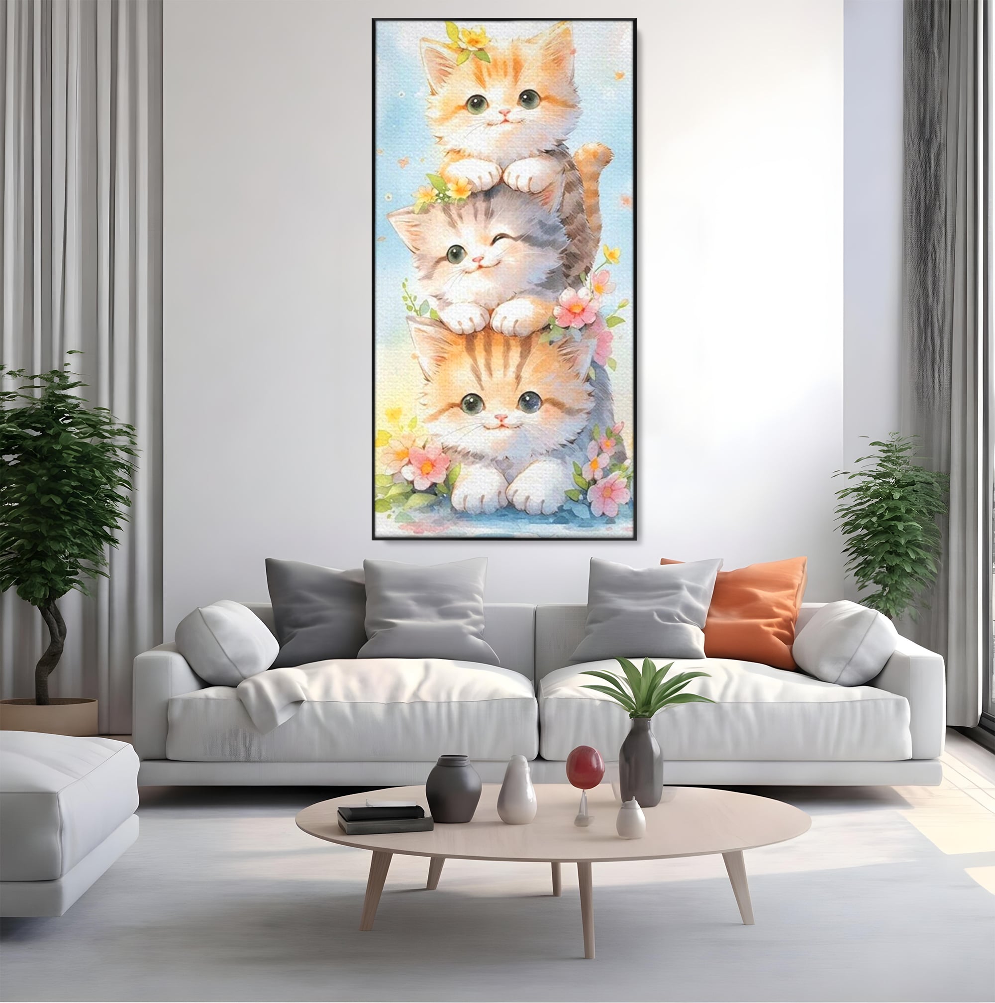 Tablou Canvas Premium, LuxCanva® K1045, Turnuletul Fratiorilor Pufosi, Pisicute, Felina, Pui, Pastel, Flori, Prietenie, Jucaus, Inocenta, Natura, Joaca, Veselie, Distractie, Camera Copil, Dormitor