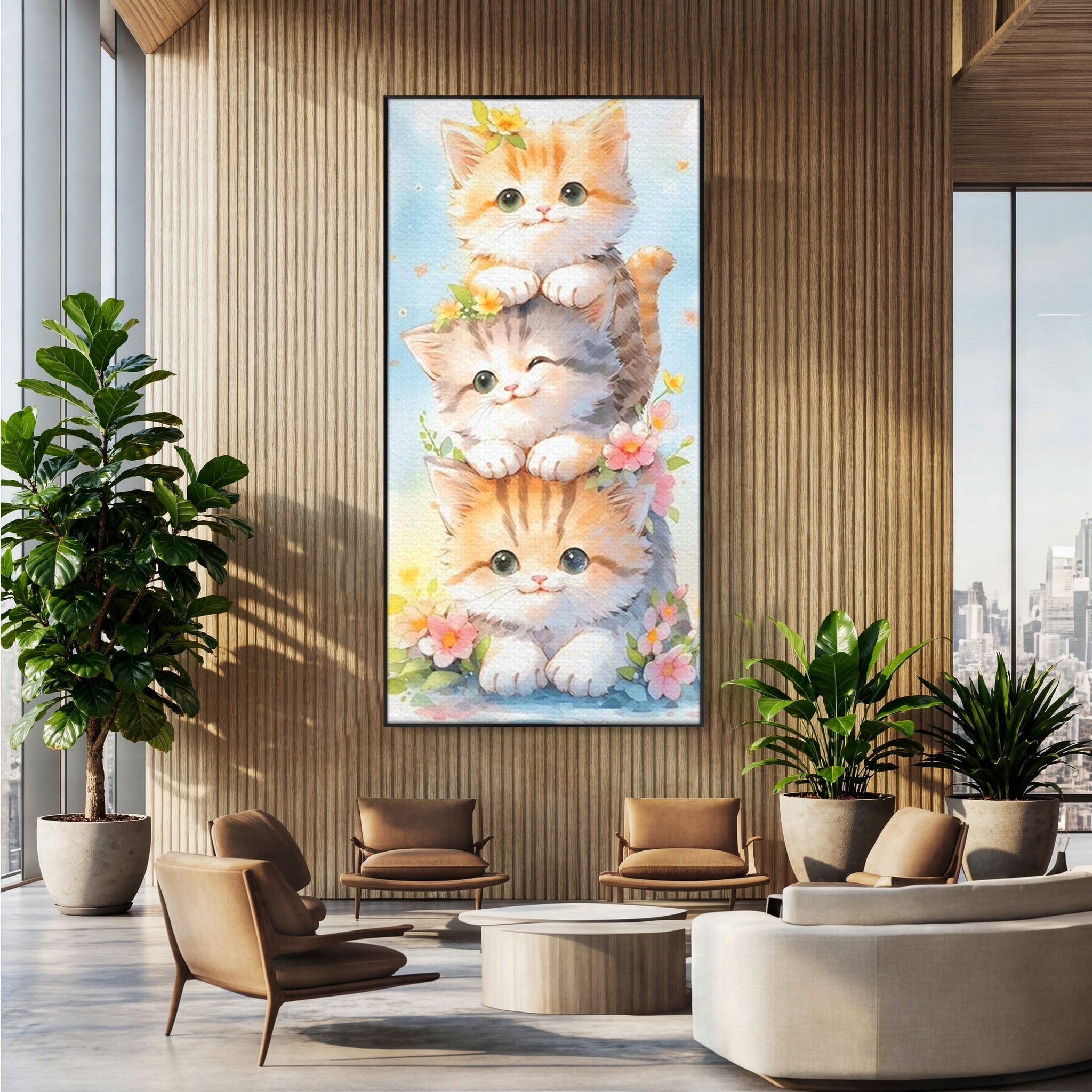 Tablou Canvas Premium, LuxCanva® K1045, Turnuletul Fratiorilor Pufosi, Pisicute, Felina, Pui, Pastel, Flori, Prietenie, Jucaus, Inocenta, Natura, Joaca, Veselie, Distractie, Camera Copil, Dormitor
