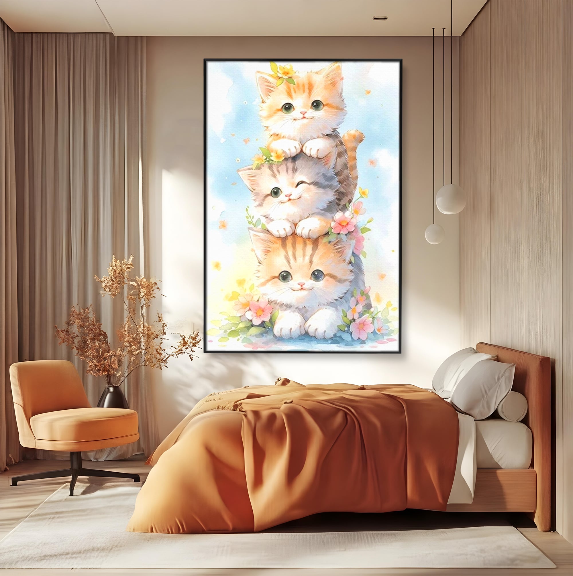 Tablou Canvas Premium, LuxCanva® K1045, Turnuletul Fratiorilor Pufosi, Pisicute, Felina, Pui, Pastel, Flori, Prietenie, Jucaus, Inocenta, Natura, Joaca, Veselie, Distractie, Camera Copil, Dormitor