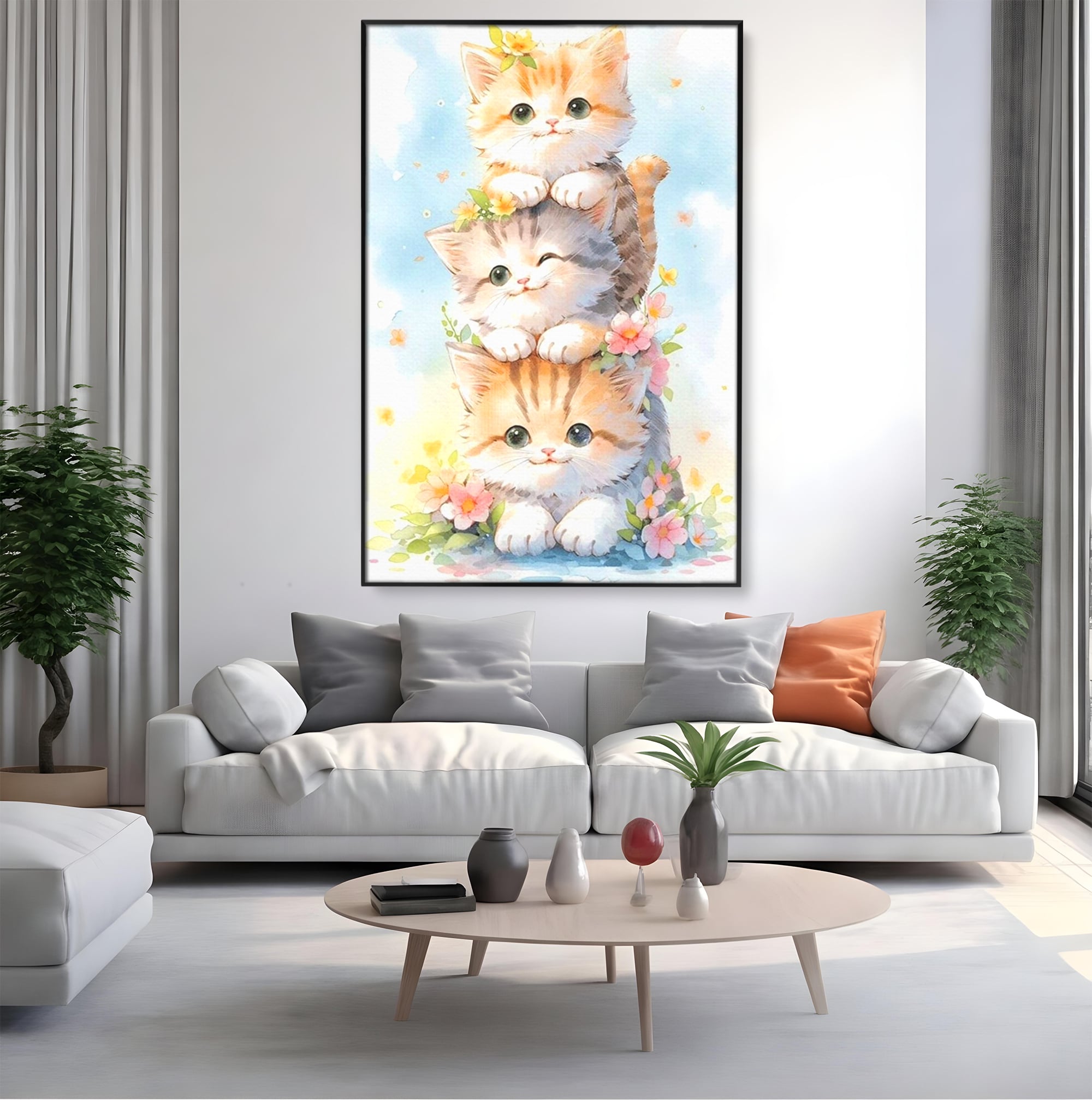 Tablou Canvas Premium, LuxCanva® K1045, Turnuletul Fratiorilor Pufosi, Pisicute, Felina, Pui, Pastel, Flori, Prietenie, Jucaus, Inocenta, Natura, Joaca, Veselie, Distractie, Camera Copil, Dormitor