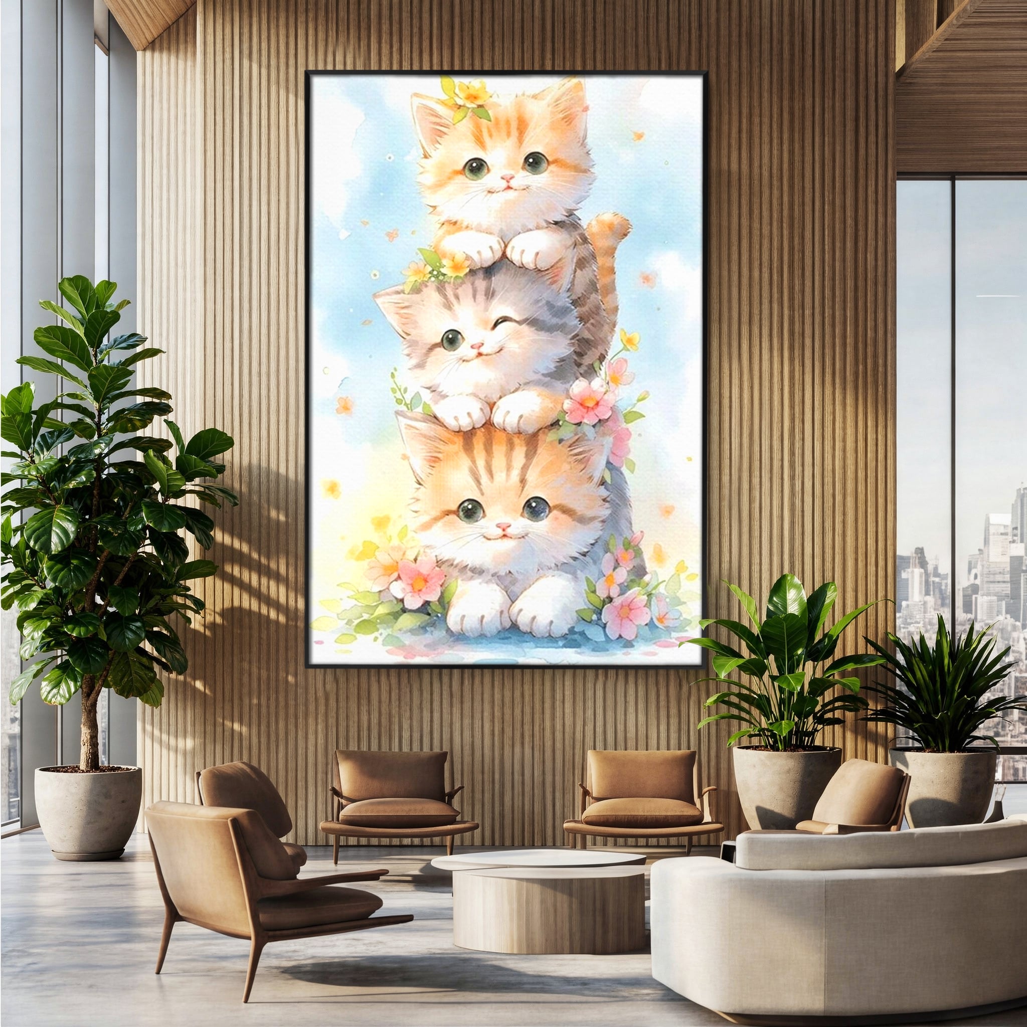 Tablou Canvas Premium, LuxCanva® K1045, Turnuletul Fratiorilor Pufosi, Pisicute, Felina, Pui, Pastel, Flori, Prietenie, Jucaus, Inocenta, Natura, Joaca, Veselie, Distractie, Camera Copil, Dormitor