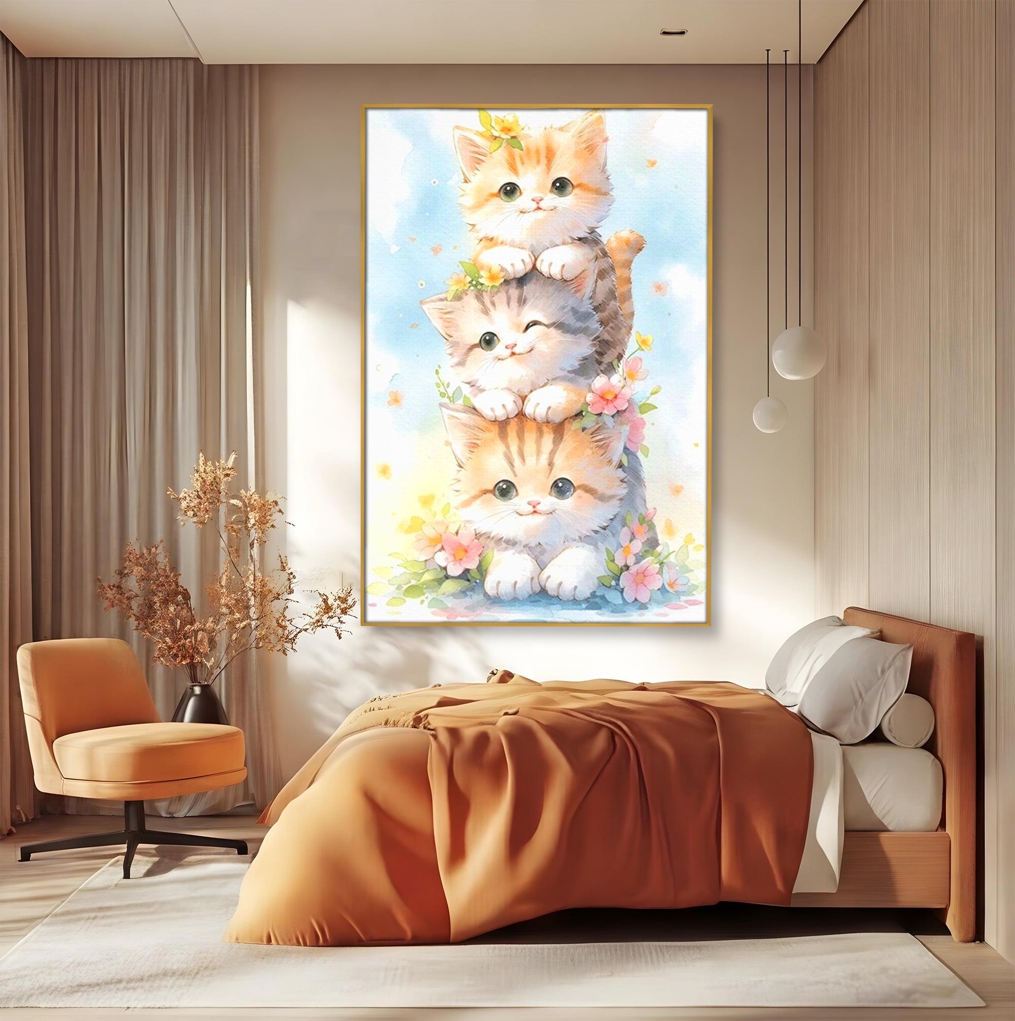 Tablou Canvas Premium, LuxCanva® K1045, Turnuletul Fratiorilor Pufosi, Pisicute, Felina, Pui, Pastel, Flori, Prietenie, Jucaus, Inocenta, Natura, Joaca, Veselie, Distractie, Camera Copil, Dormitor