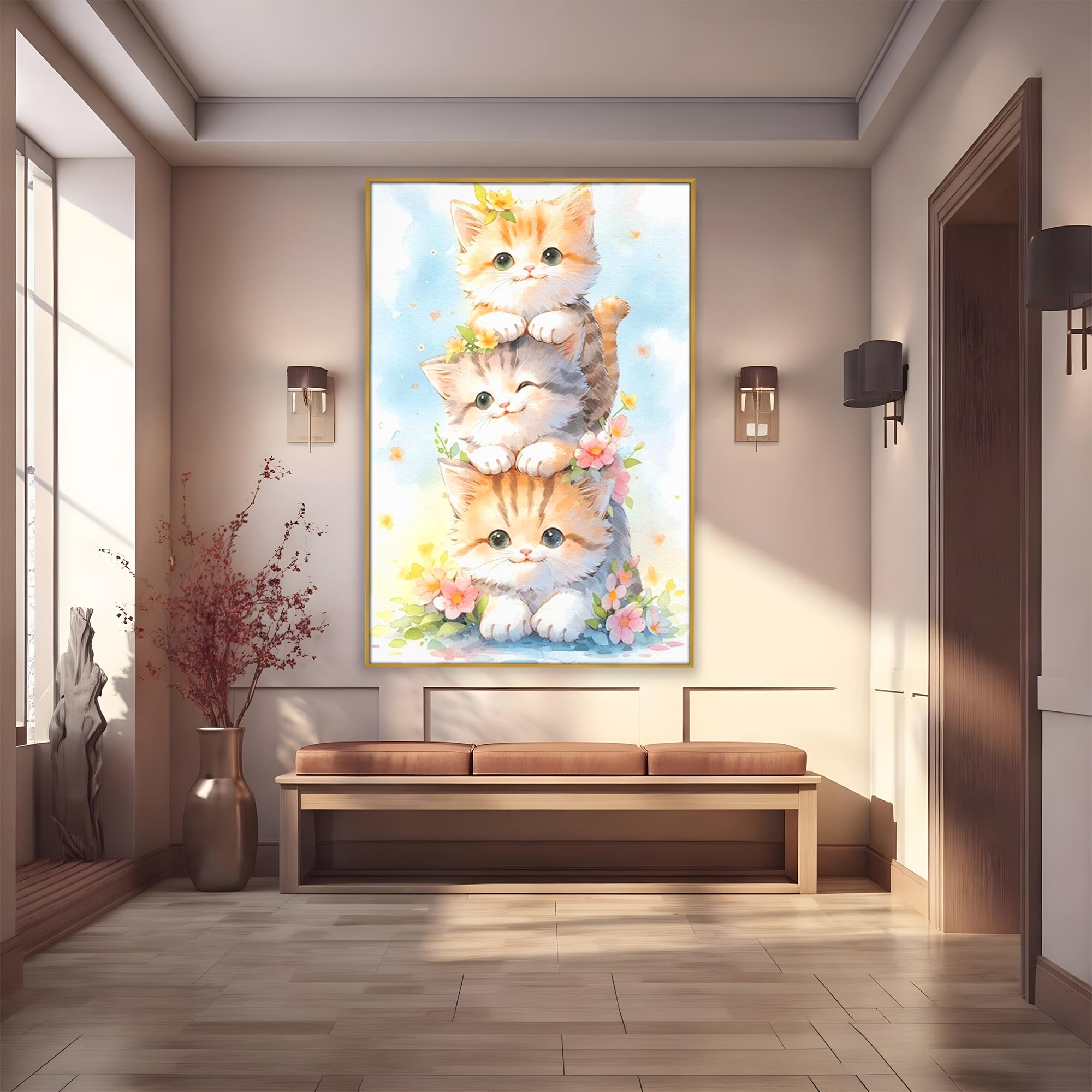 Tablou Canvas Premium, LuxCanva® K1045, Turnuletul Fratiorilor Pufosi, Pisicute, Felina, Pui, Pastel, Flori, Prietenie, Jucaus, Inocenta, Natura, Joaca, Veselie, Distractie, Camera Copil, Dormitor