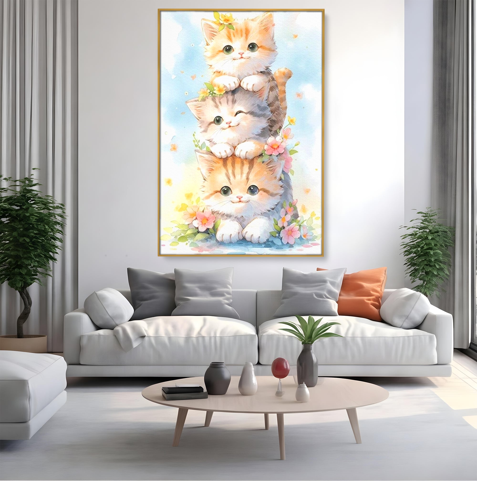 Tablou Canvas Premium, LuxCanva® K1045, Turnuletul Fratiorilor Pufosi, Pisicute, Felina, Pui, Pastel, Flori, Prietenie, Jucaus, Inocenta, Natura, Joaca, Veselie, Distractie, Camera Copil, Dormitor