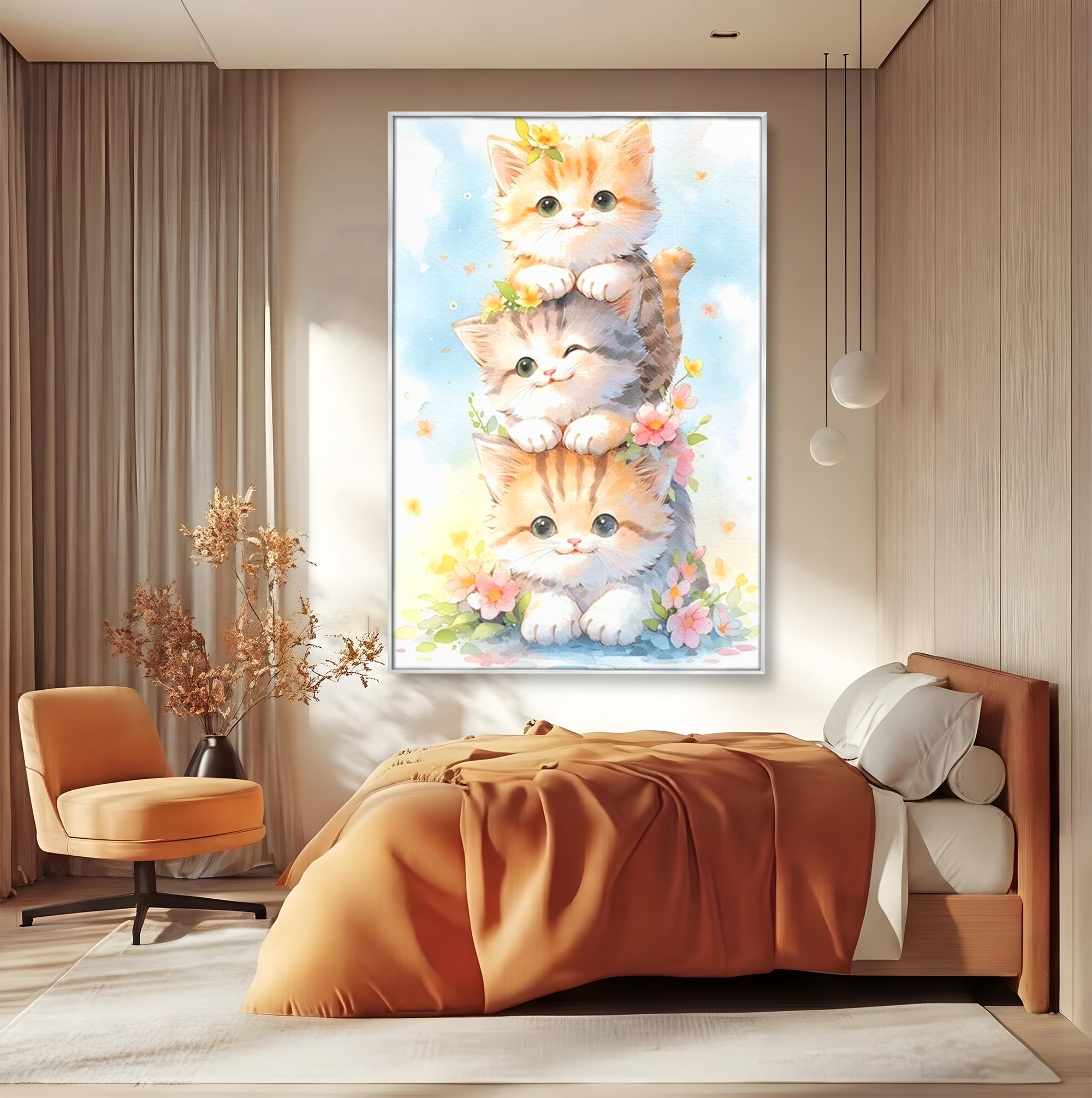 Tablou Canvas Premium, LuxCanva® K1045, Turnuletul Fratiorilor Pufosi, Pisicute, Felina, Pui, Pastel, Flori, Prietenie, Jucaus, Inocenta, Natura, Joaca, Veselie, Distractie, Camera Copil, Dormitor