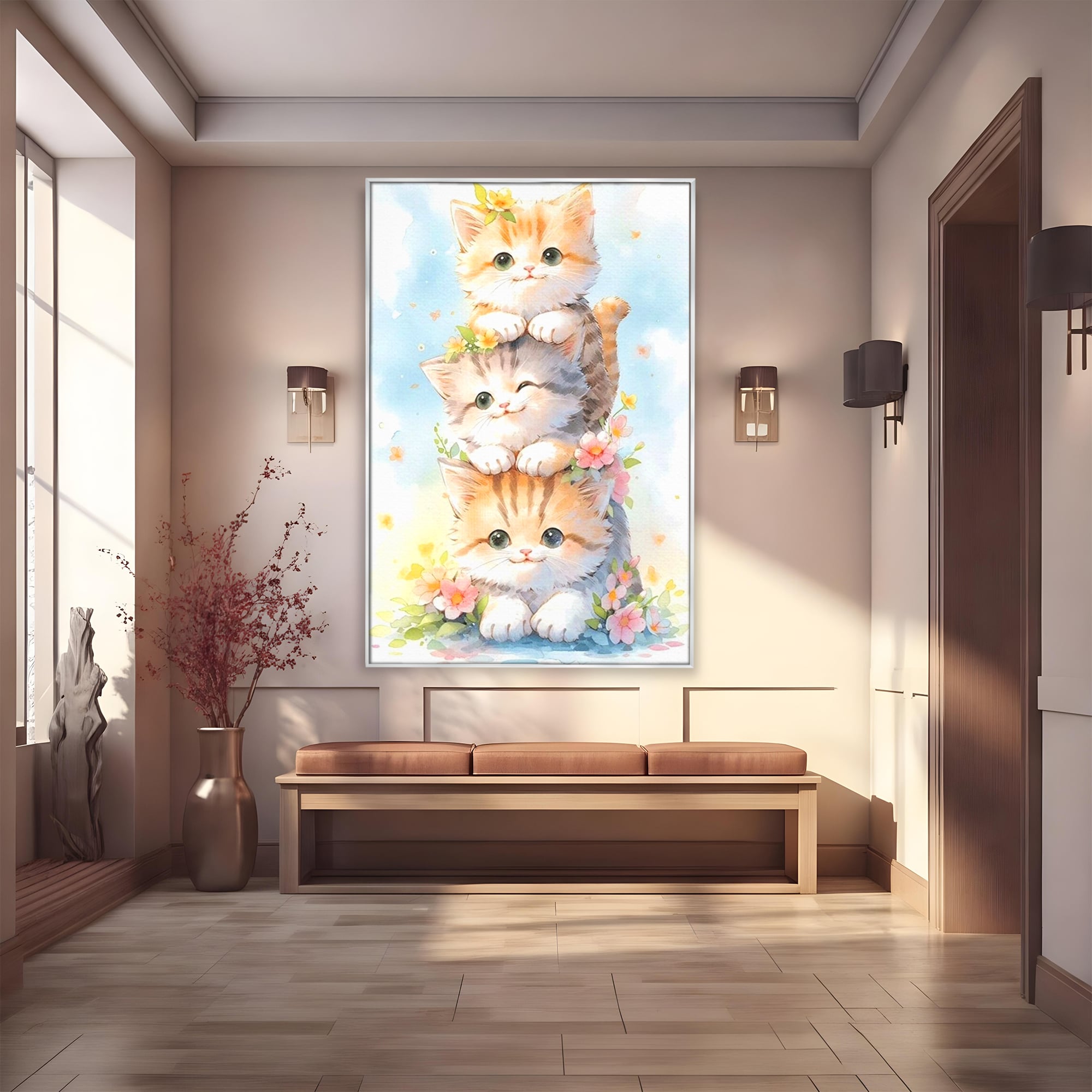 Tablou Canvas Premium, LuxCanva® K1045, Turnuletul Fratiorilor Pufosi, Pisicute, Felina, Pui, Pastel, Flori, Prietenie, Jucaus, Inocenta, Natura, Joaca, Veselie, Distractie, Camera Copil, Dormitor