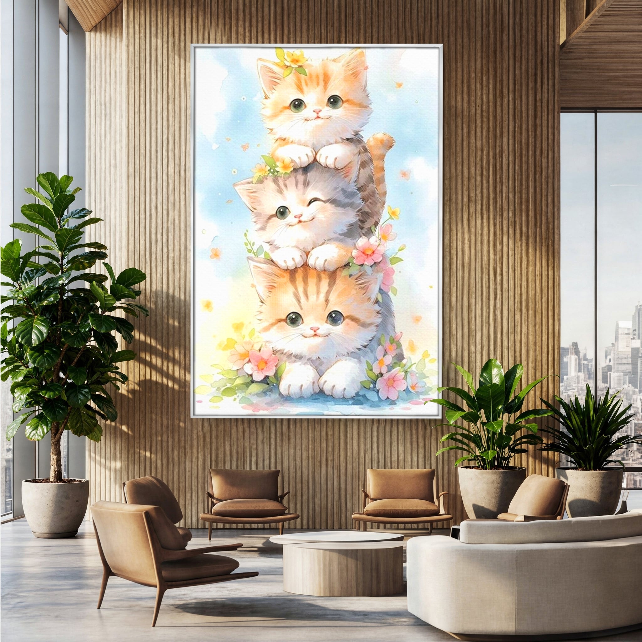 Tablou Canvas Premium, LuxCanva® K1045, Turnuletul Fratiorilor Pufosi, Pisicute, Felina, Pui, Pastel, Flori, Prietenie, Jucaus, Inocenta, Natura, Joaca, Veselie, Distractie, Camera Copil, Dormitor