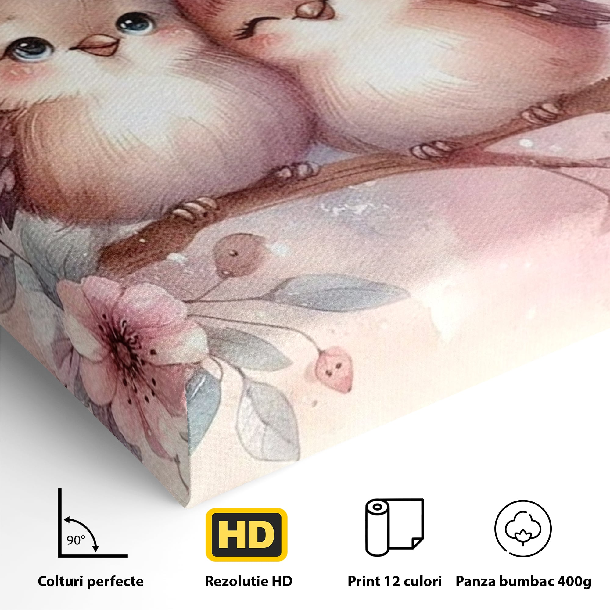 Tablou Canvas Premium, LuxCanva® K1046, Primavara in Pereche, Inimioare, Ramura, Pasarele, Cuplu, Zambet, Imbratisare, Aripi, Roz, Cuib, Inflorit, Natura, Tandrete, Copii, Camera Copil, Dormitor