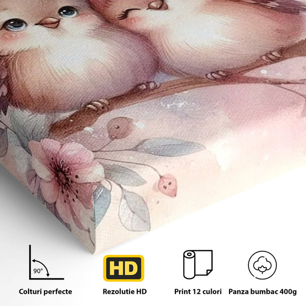 Tablou Canvas Premium, LuxCanva® K1046, Primavara in Pereche, Inimioare, Ramura, Pasarele, Cuplu, Zambet, Imbratisare, Aripi, Roz, Cuib, Inflorit, Natura, Tandrete, Copii, Camera Copil, Dormitor