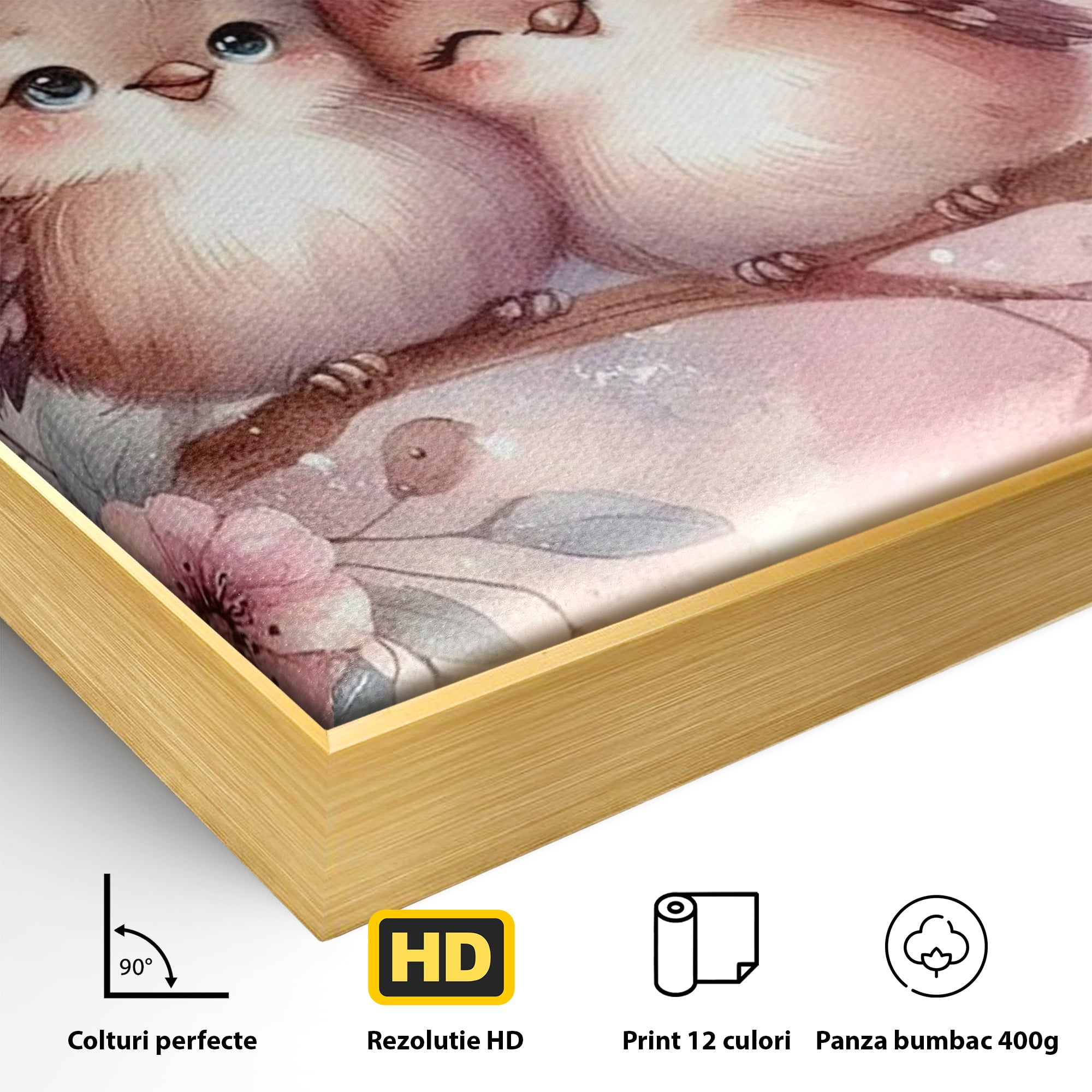 Tablou Canvas Premium, LuxCanva® K1046, Primavara in Pereche, Inimioare, Ramura, Pasarele, Cuplu, Zambet, Imbratisare, Aripi, Roz, Cuib, Inflorit, Natura, Tandrete, Copii, Camera Copil, Dormitor