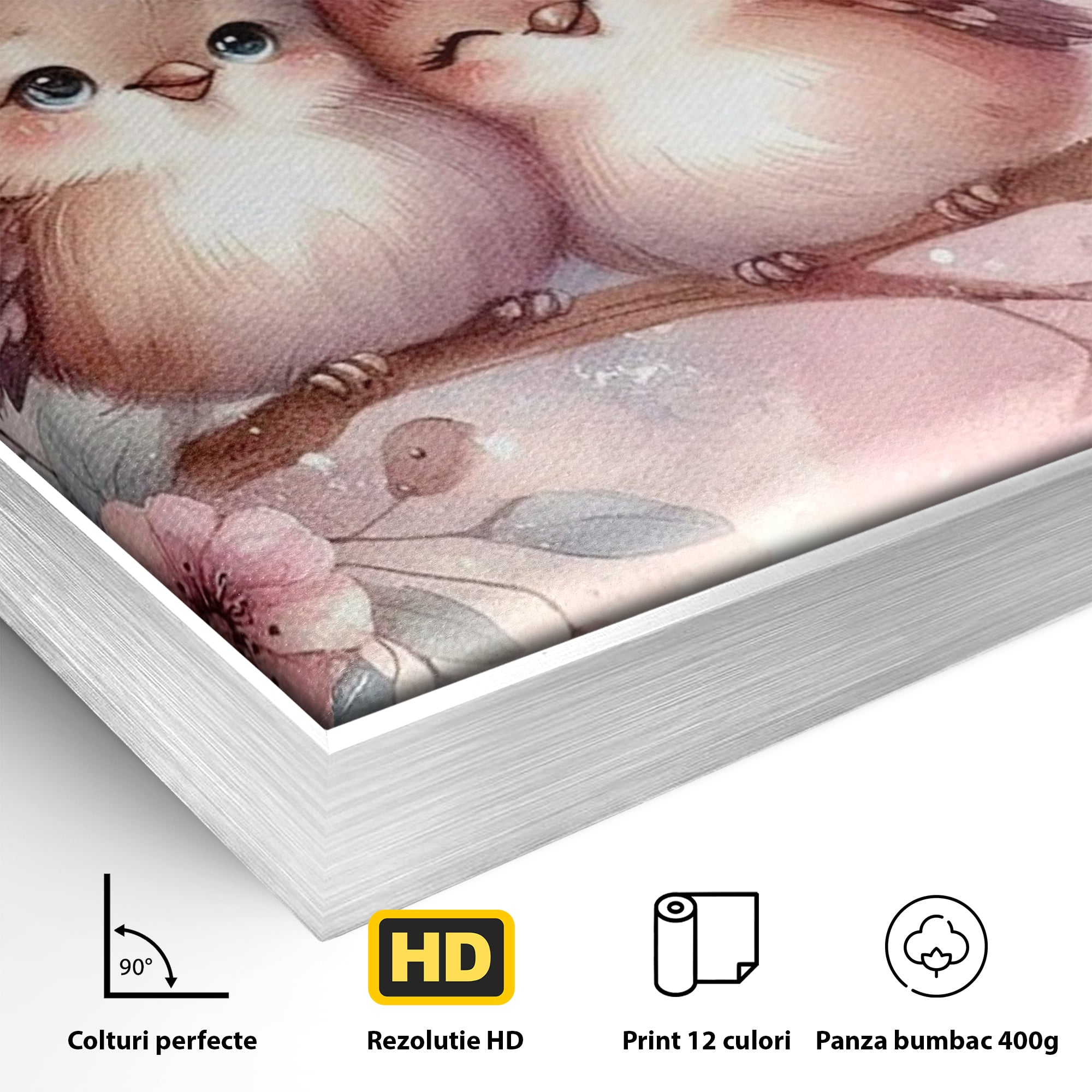 Tablou Canvas Premium, LuxCanva® K1046, Primavara in Pereche, Inimioare, Ramura, Pasarele, Cuplu, Zambet, Imbratisare, Aripi, Roz, Cuib, Inflorit, Natura, Tandrete, Copii, Camera Copil, Dormitor
