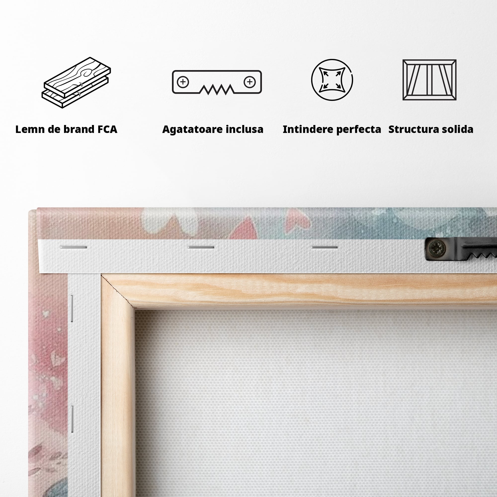 Tablou Canvas Premium, LuxCanva® K1046, Primavara in Pereche, Inimioare, Ramura, Pasarele, Cuplu, Zambet, Imbratisare, Aripi, Roz, Cuib, Inflorit, Natura, Tandrete, Copii, Camera Copil, Dormitor