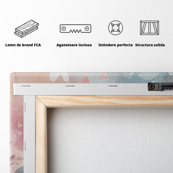 Tablou Canvas Premium, LuxCanva® K1046, Primavara in Pereche, Inimioare, Ramura, Pasarele, Cuplu, Zambet, Imbratisare, Aripi, Roz, Cuib, Inflorit, Natura, Tandrete, Copii, Camera Copil, Dormitor