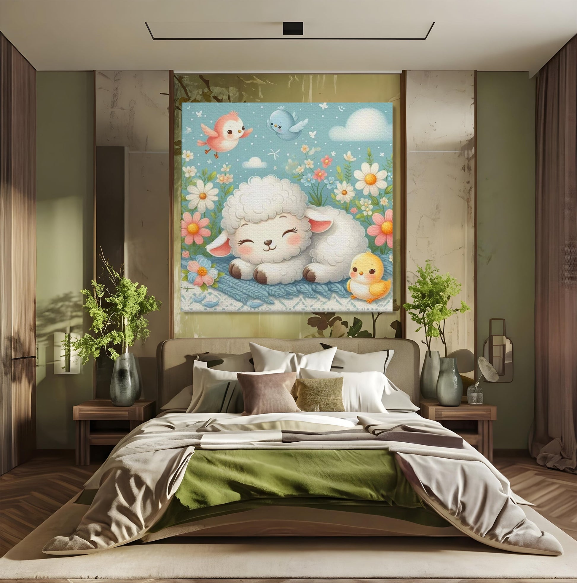 Tablou Canvas Premium, LuxCanva® K1047, Mieluselul Visator, Pui, Pasarele, Zbor, Pastelat, Lana, Flori, Armonie, Fluturi, Adormit, Gradina, Liniste, Veselie, Animalute, Camera Copil, Dormitor