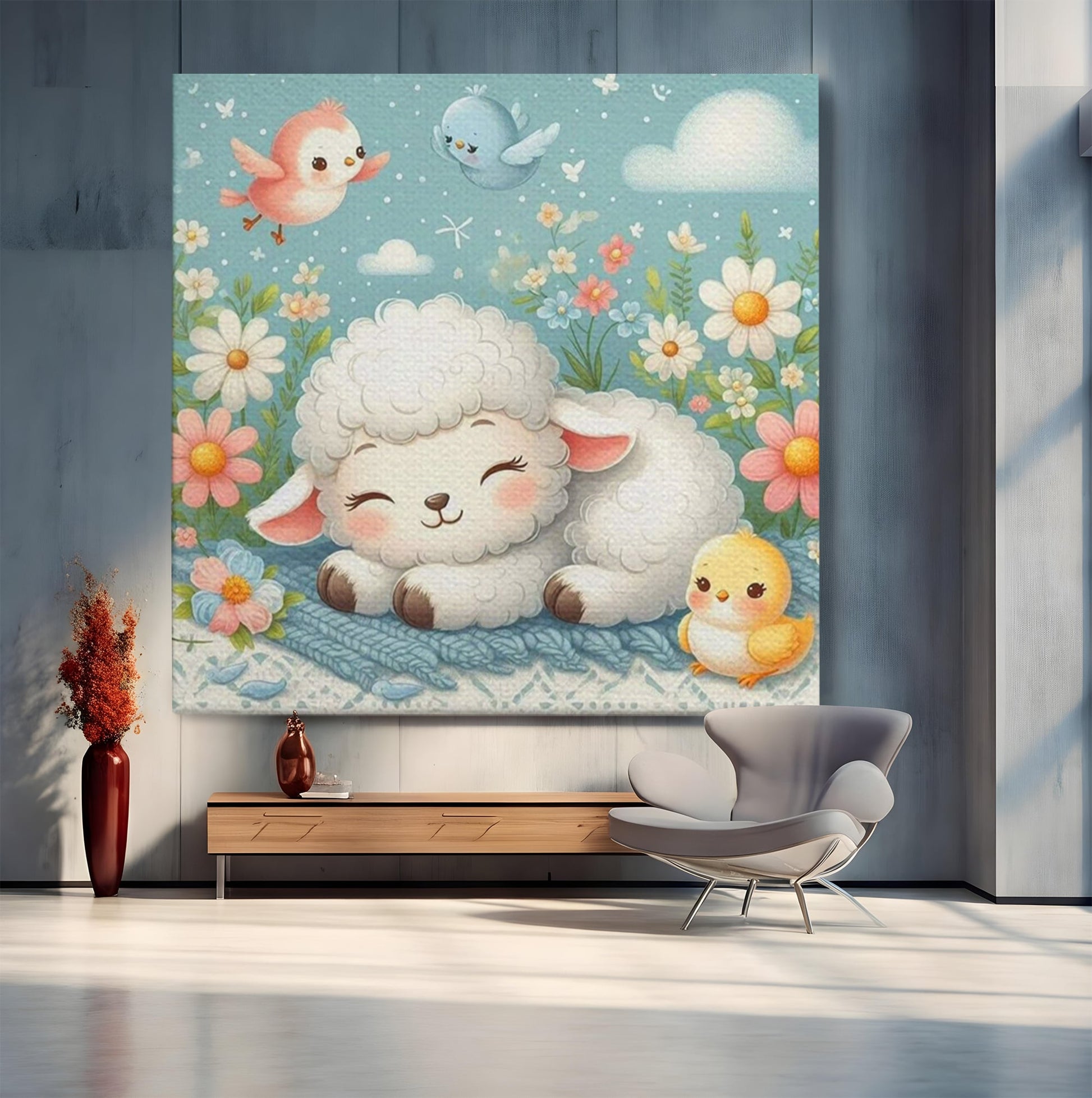 Tablou Canvas Premium, LuxCanva® K1047, Mieluselul Visator, Pui, Pasarele, Zbor, Pastelat, Lana, Flori, Armonie, Fluturi, Adormit, Gradina, Liniste, Veselie, Animalute, Camera Copil, Dormitor