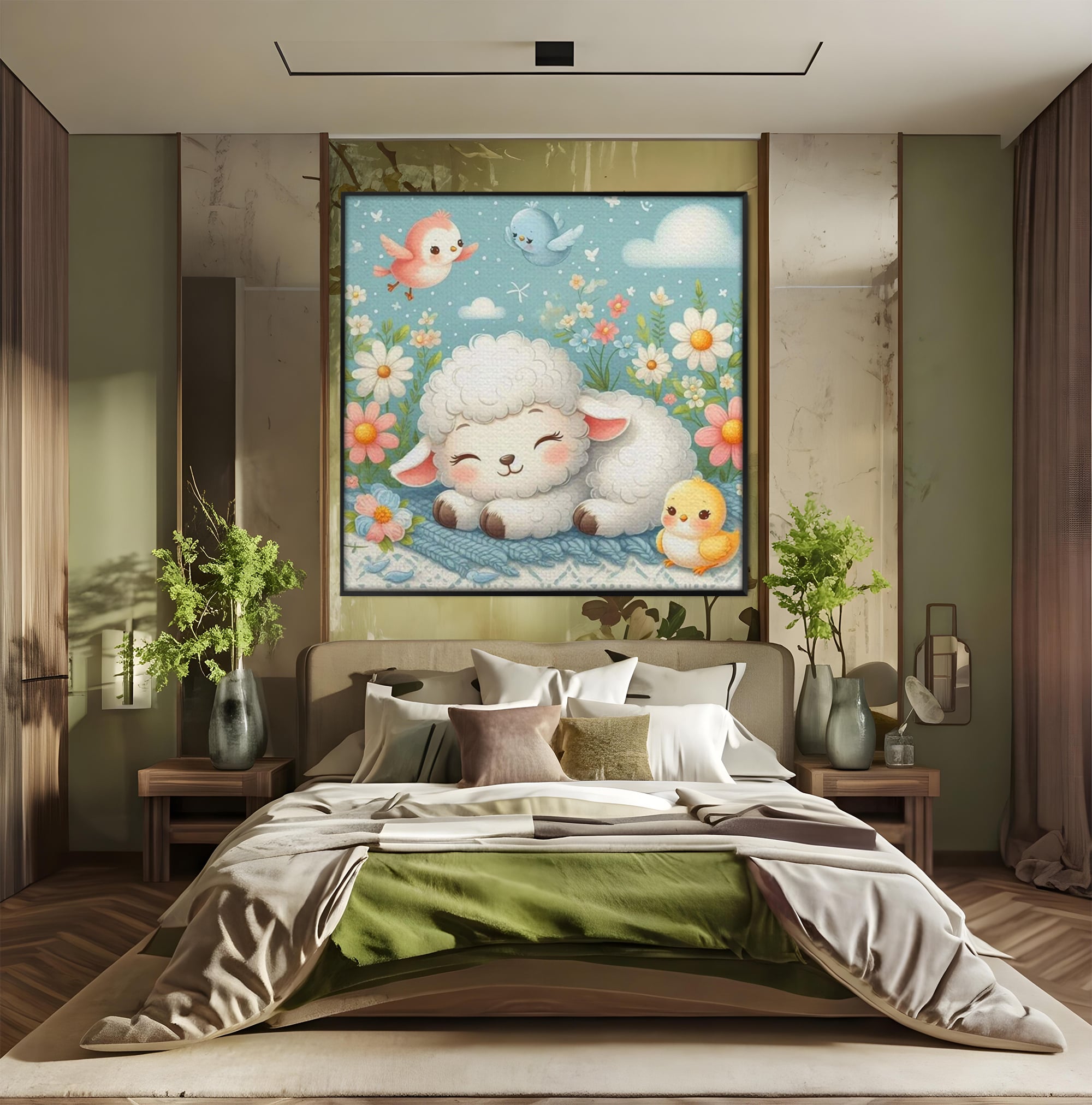 Tablou Canvas Premium, LuxCanva® K1047, Mieluselul Visator, Pui, Pasarele, Zbor, Pastelat, Lana, Flori, Armonie, Fluturi, Adormit, Gradina, Liniste, Veselie, Animalute, Camera Copil, Dormitor