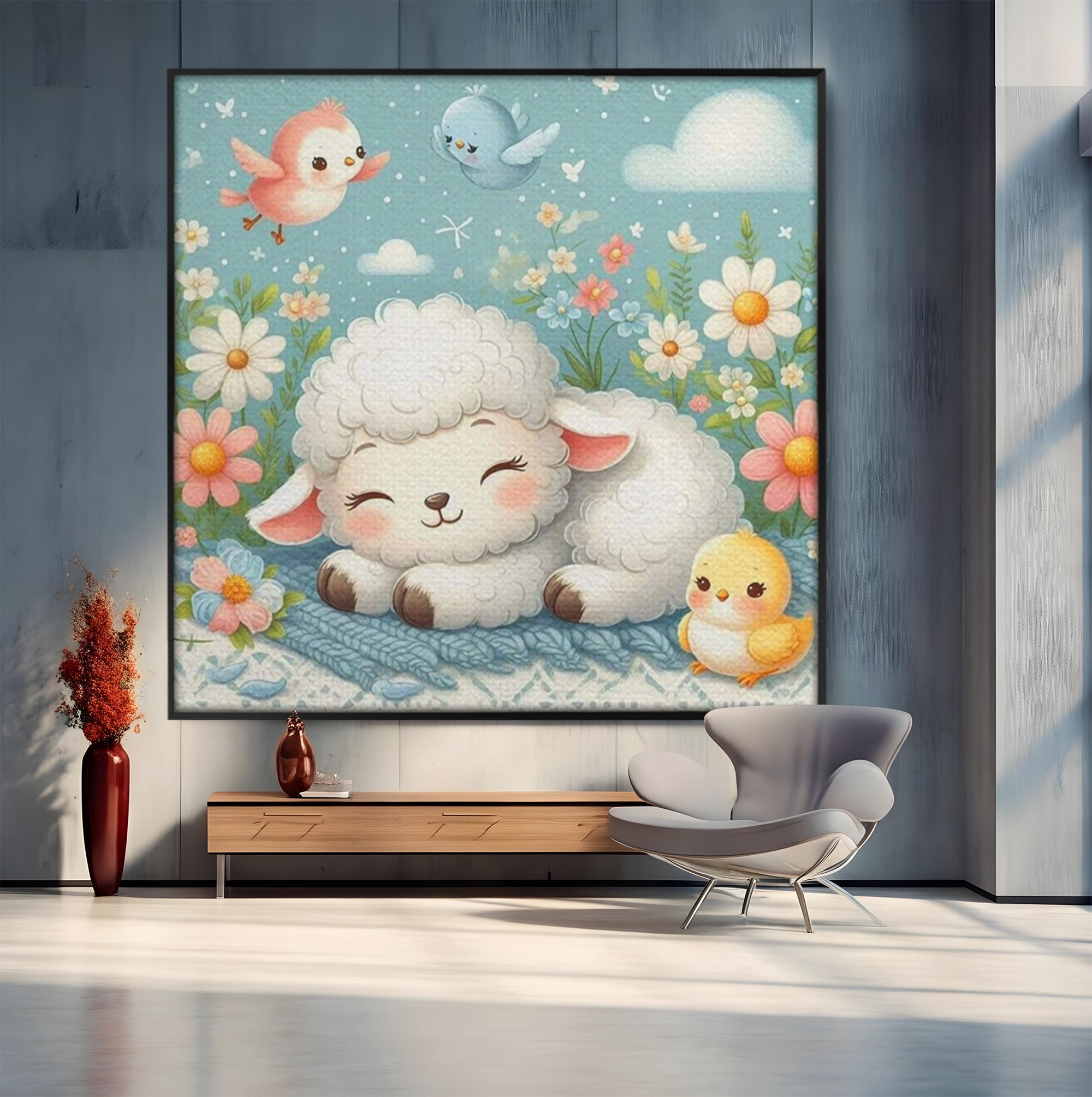 Tablou Canvas Premium, LuxCanva® K1047, Mieluselul Visator, Pui, Pasarele, Zbor, Pastelat, Lana, Flori, Armonie, Fluturi, Adormit, Gradina, Liniste, Veselie, Animalute, Camera Copil, Dormitor
