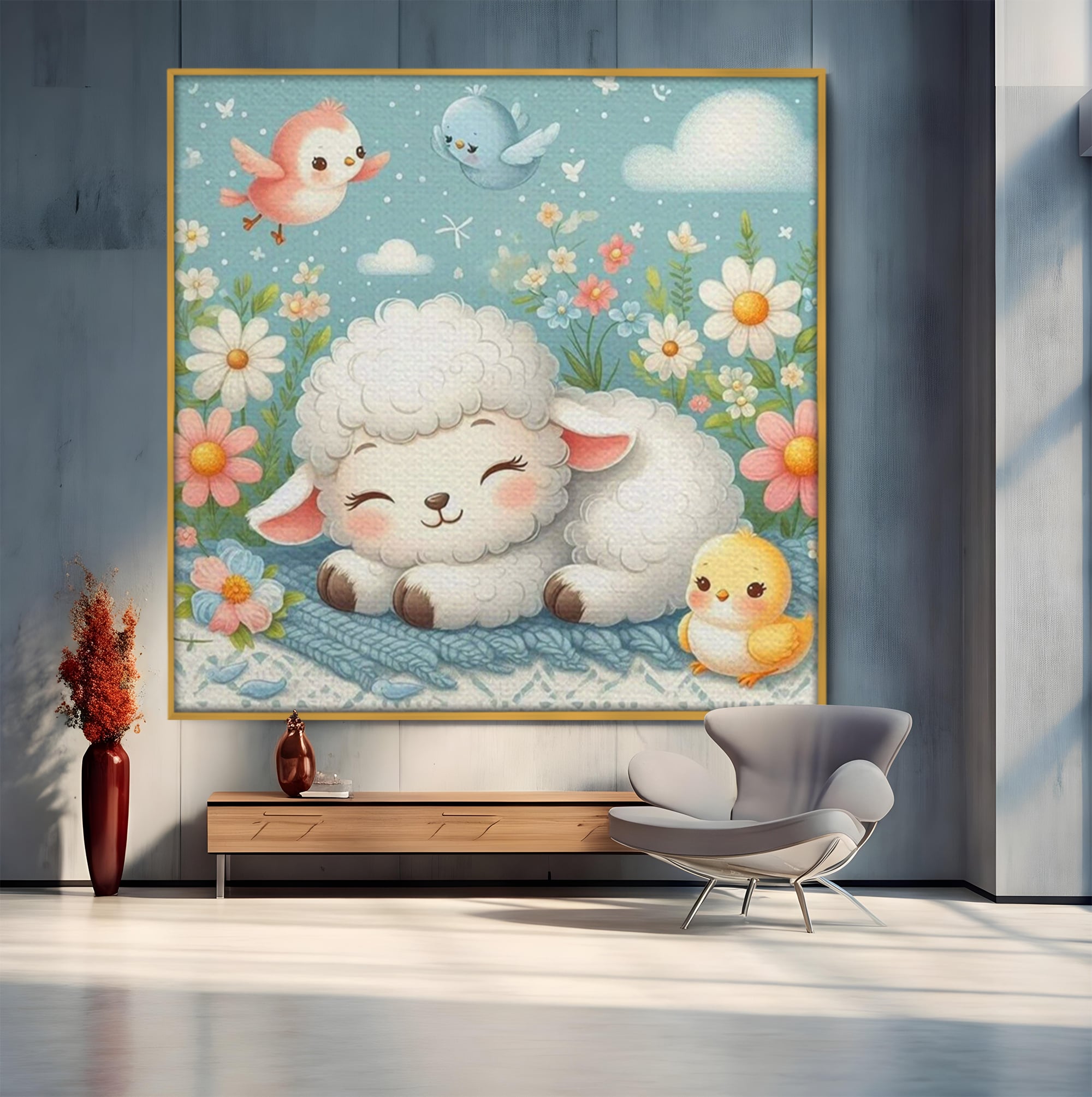 Tablou Canvas Premium, LuxCanva® K1047, Mieluselul Visator, Pui, Pasarele, Zbor, Pastelat, Lana, Flori, Armonie, Fluturi, Adormit, Gradina, Liniste, Veselie, Animalute, Camera Copil, Dormitor