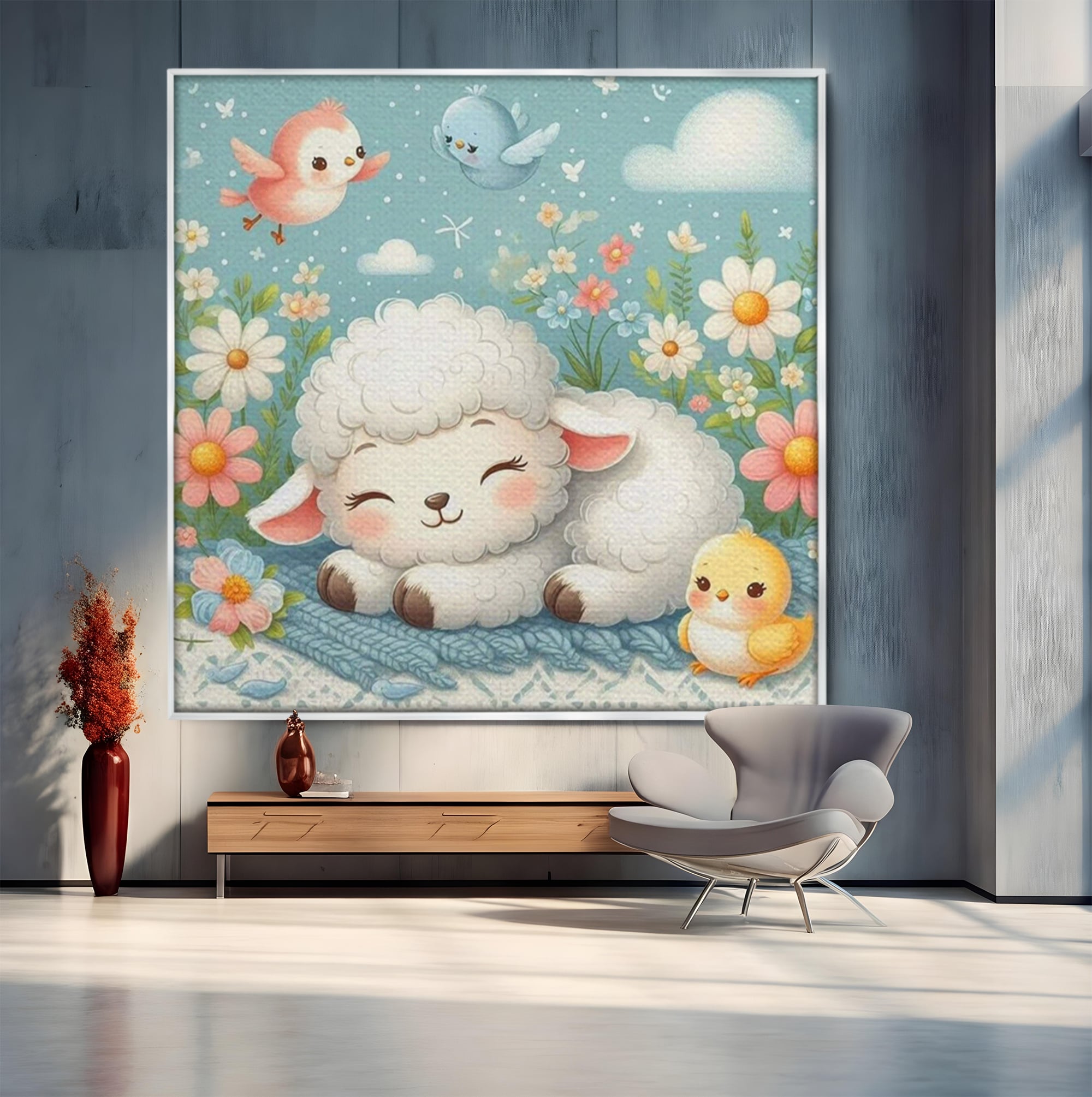 Tablou Canvas Premium, LuxCanva® K1047, Mieluselul Visator, Pui, Pasarele, Zbor, Pastelat, Lana, Flori, Armonie, Fluturi, Adormit, Gradina, Liniste, Veselie, Animalute, Camera Copil, Dormitor