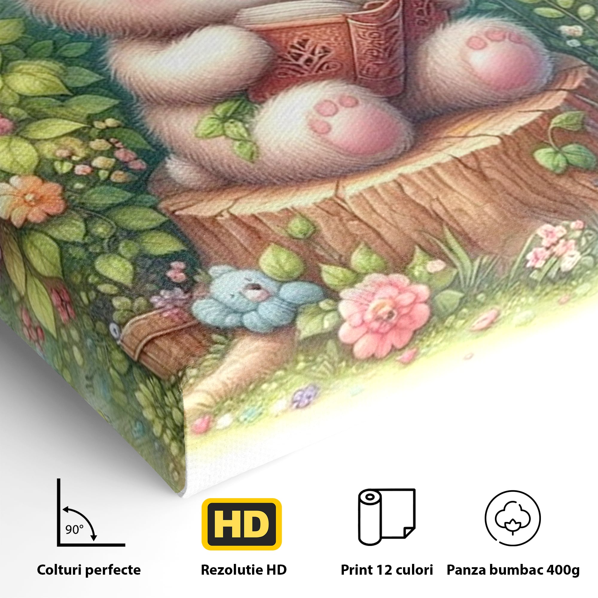 Tablou Canvas Premium, LuxCanva® K1048, Ursuletul Povestitor, Carte, Flori, Trunchi, Copac, Fluturasi, Lectura, Poveste, Fermecat, Magie, Padure, Atmosfera, Liniste, Camera Copil, Dormitor
