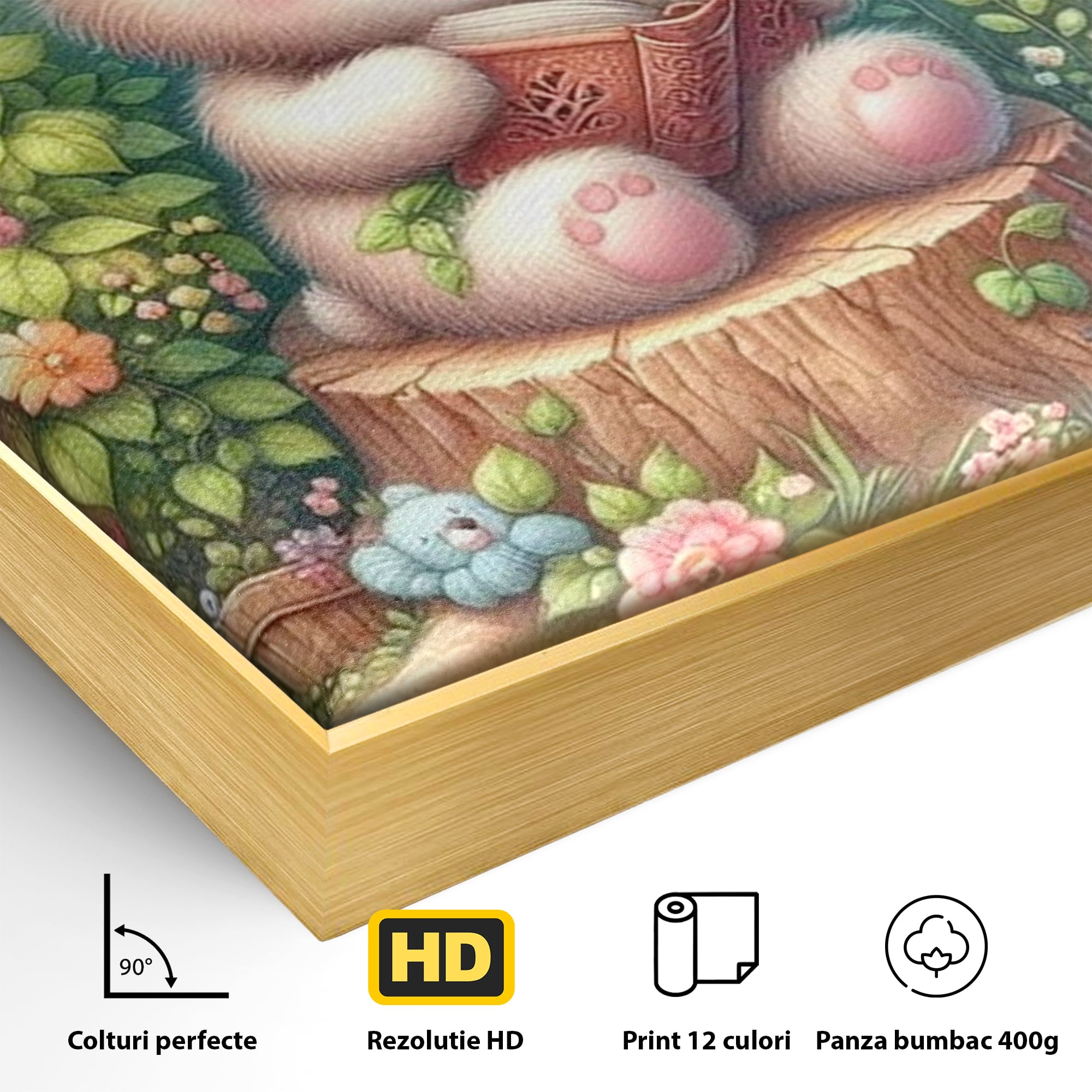 Tablou Canvas Premium, LuxCanva® K1048, Ursuletul Povestitor, Carte, Flori, Trunchi, Copac, Fluturasi, Lectura, Poveste, Fermecat, Magie, Padure, Atmosfera, Liniste, Camera Copil, Dormitor
