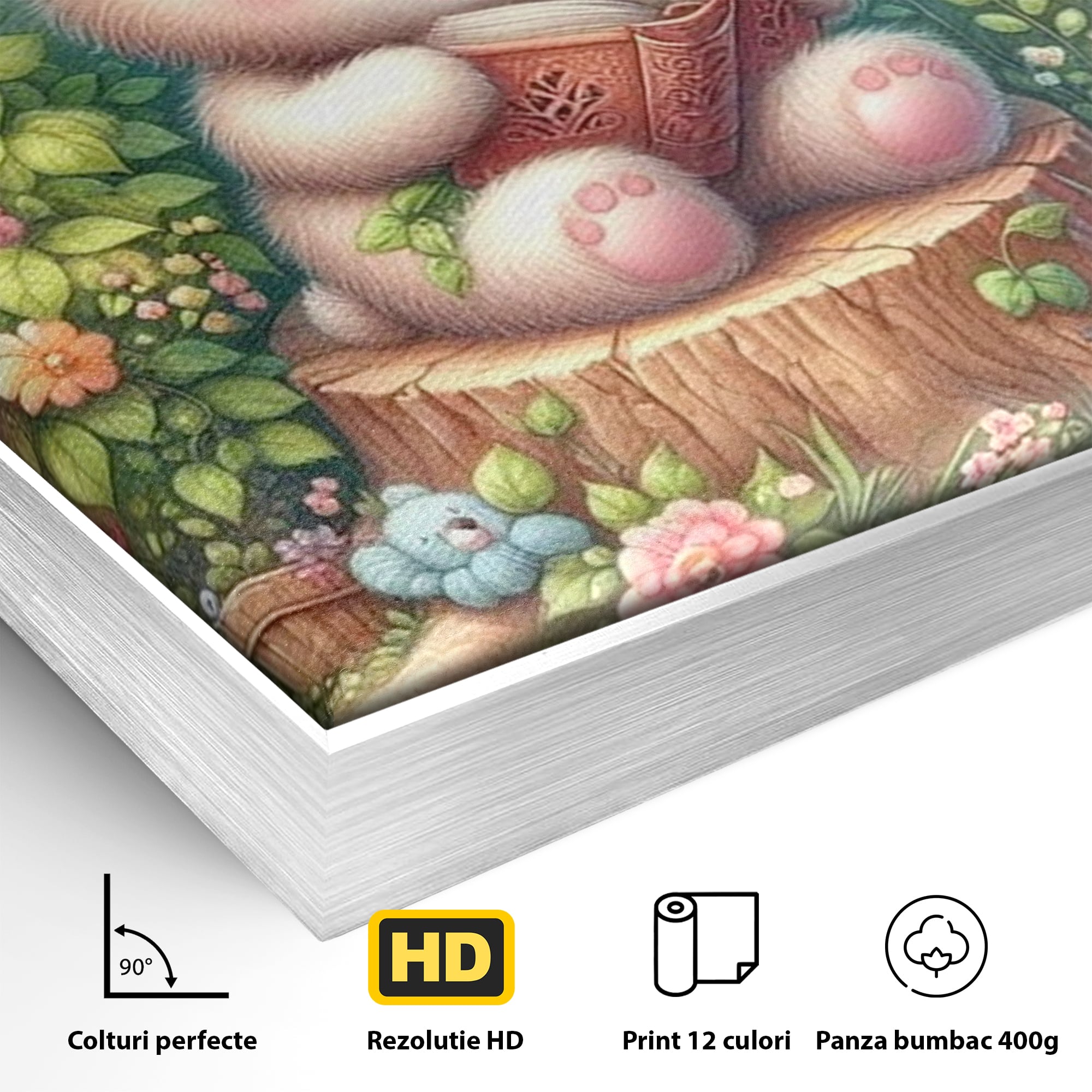 Tablou Canvas Premium, LuxCanva® K1048, Ursuletul Povestitor, Carte, Flori, Trunchi, Copac, Fluturasi, Lectura, Poveste, Fermecat, Magie, Padure, Atmosfera, Liniste, Camera Copil, Dormitor