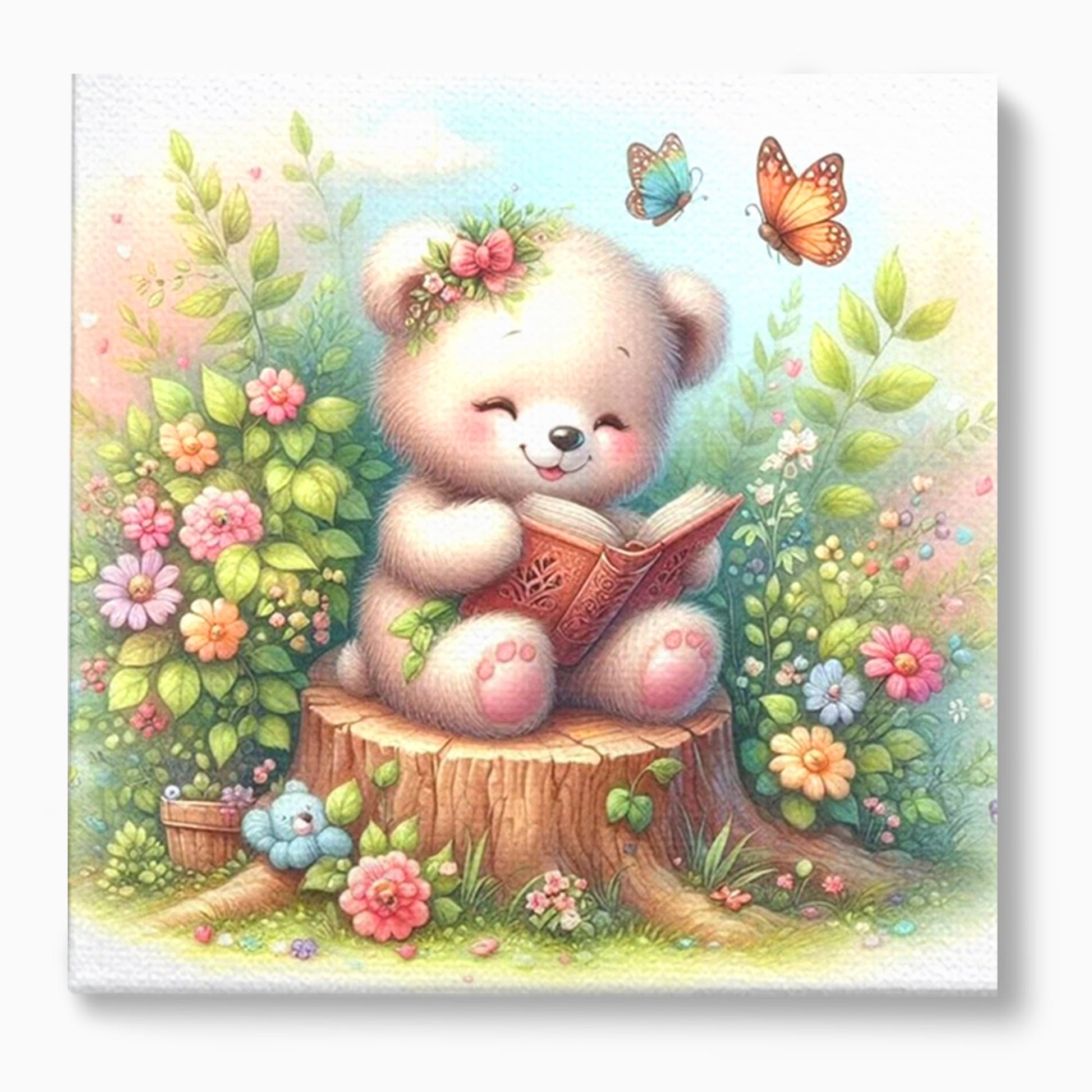 Tablou Canvas Premium, LuxCanva® K1048, Ursuletul Povestitor, Carte, Flori, Trunchi, Copac, Fluturasi, Lectura, Poveste, Fermecat, Magie, Padure, Atmosfera, Liniste, Camera Copil, Dormitor