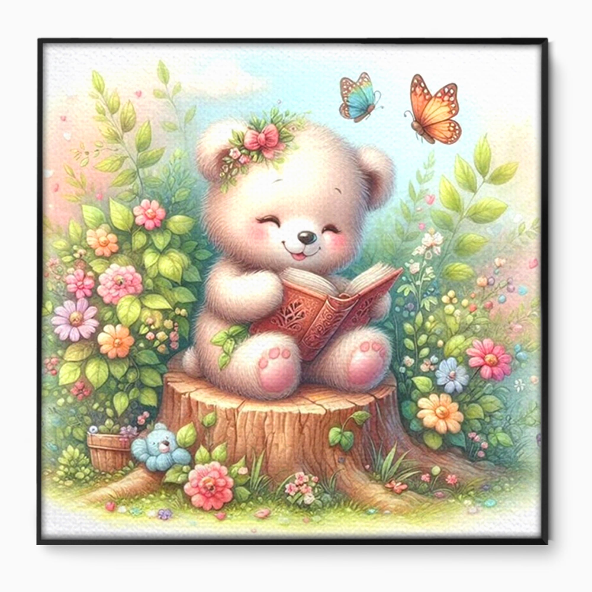Tablou Canvas Premium, LuxCanva® K1048, Ursuletul Povestitor, Carte, Flori, Trunchi, Copac, Fluturasi, Lectura, Poveste, Fermecat, Magie, Padure, Atmosfera, Liniste, Camera Copil, Dormitor