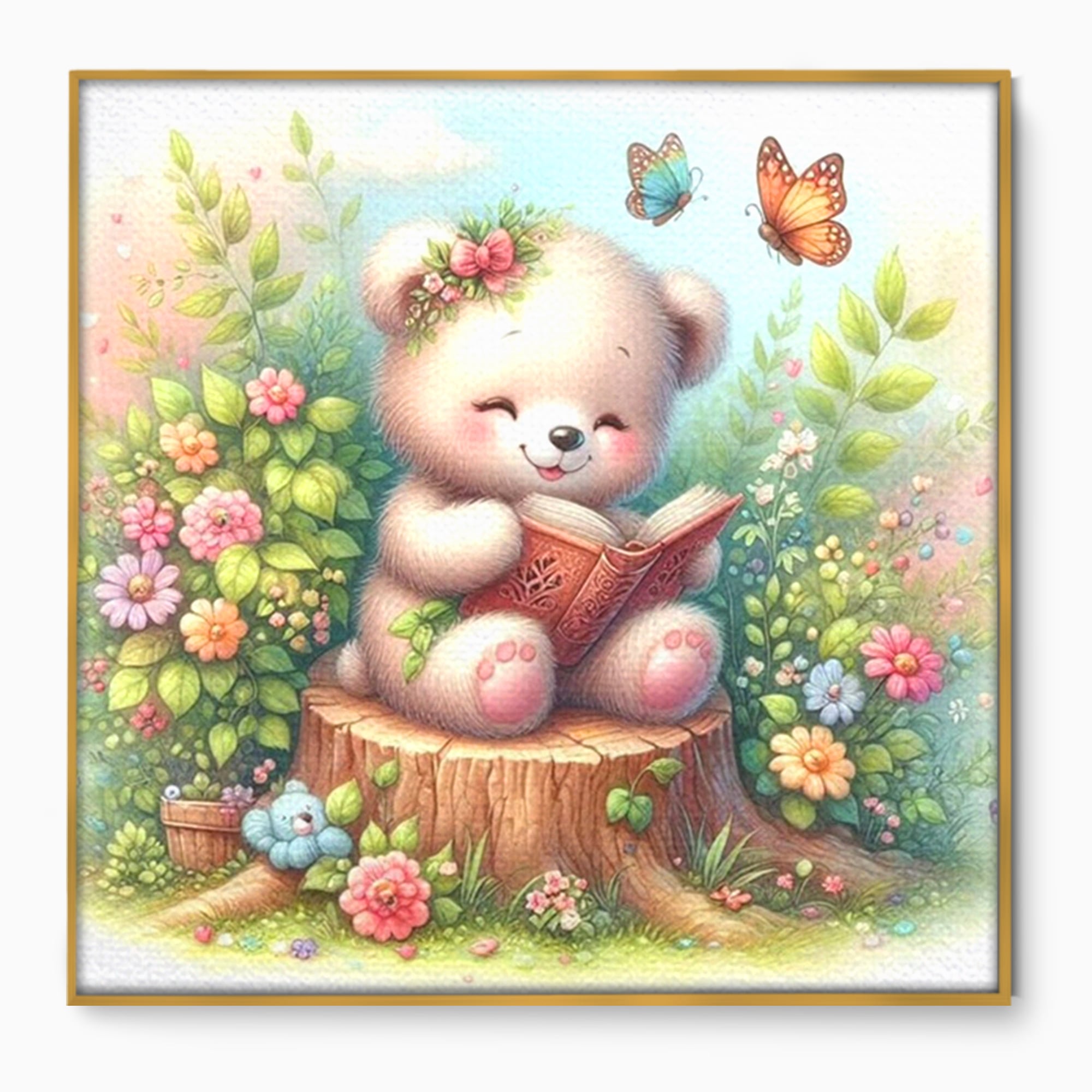Tablou Canvas Premium, LuxCanva® K1048, Ursuletul Povestitor, Carte, Flori, Trunchi, Copac, Fluturasi, Lectura, Poveste, Fermecat, Magie, Padure, Atmosfera, Liniste, Camera Copil, Dormitor