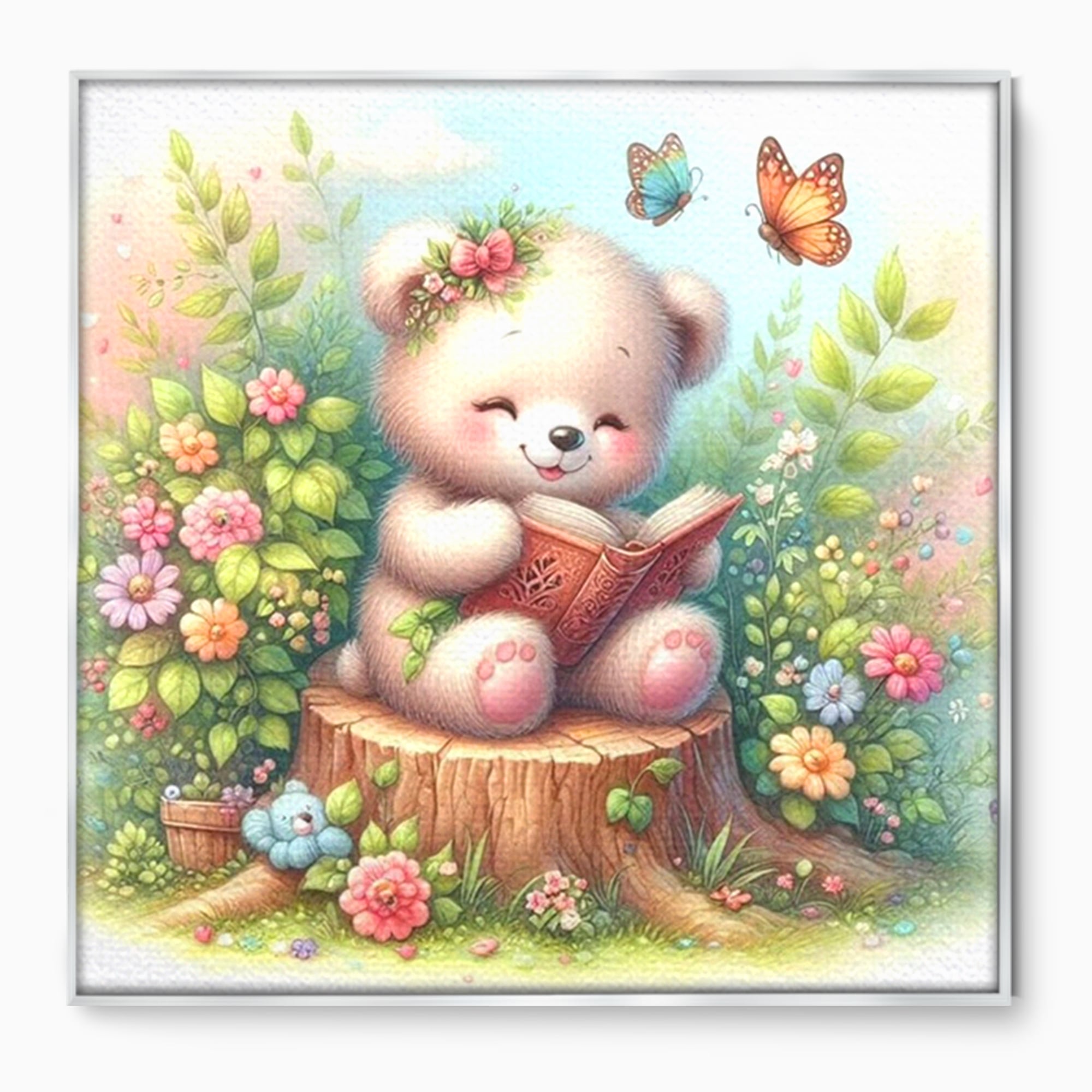 Tablou Canvas Premium, LuxCanva® K1048, Ursuletul Povestitor, Carte, Flori, Trunchi, Copac, Fluturasi, Lectura, Poveste, Fermecat, Magie, Padure, Atmosfera, Liniste, Camera Copil, Dormitor