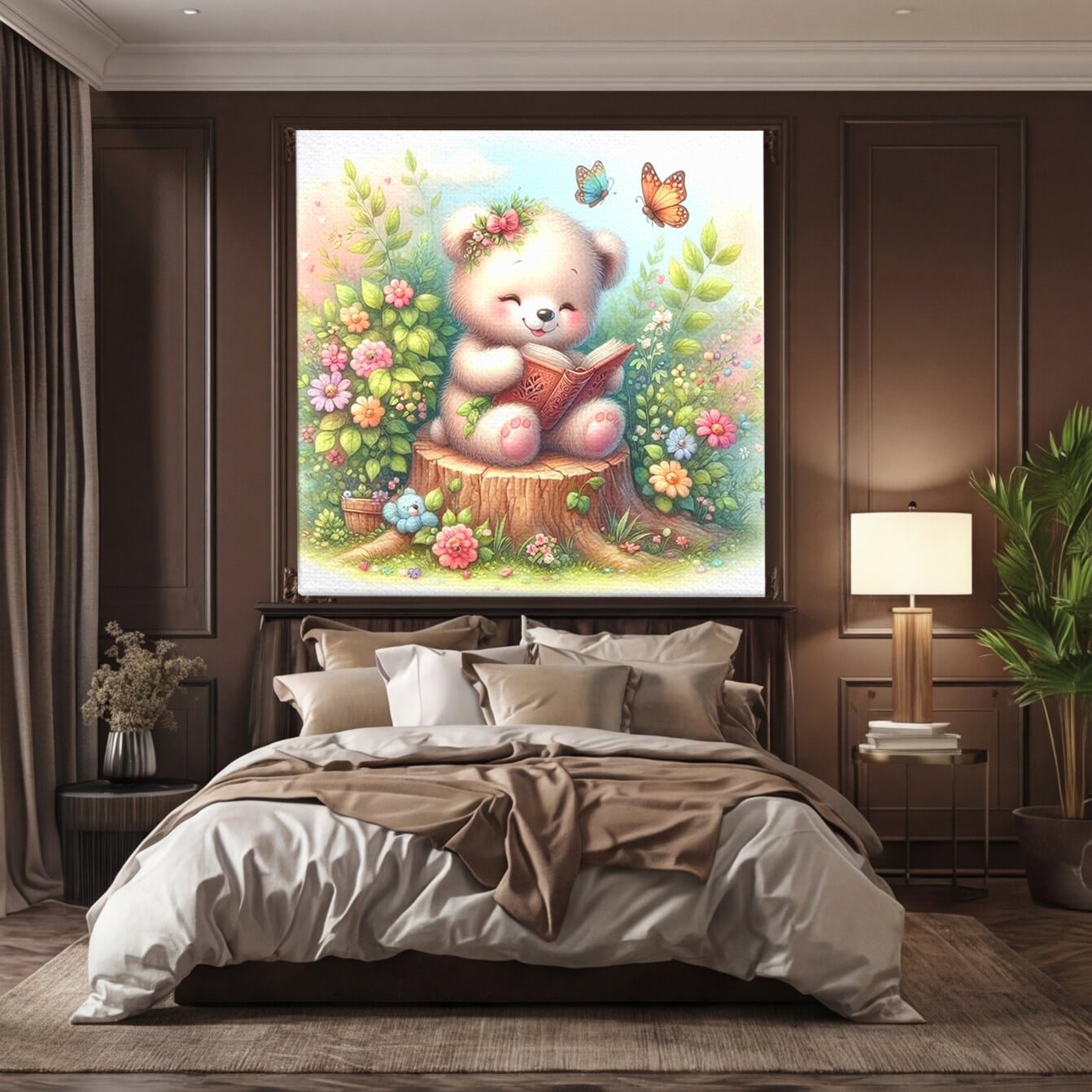 Tablou Canvas Premium, LuxCanva® K1048, Ursuletul Povestitor, Carte, Flori, Trunchi, Copac, Fluturasi, Lectura, Poveste, Fermecat, Magie, Padure, Atmosfera, Liniste, Camera Copil, Dormitor