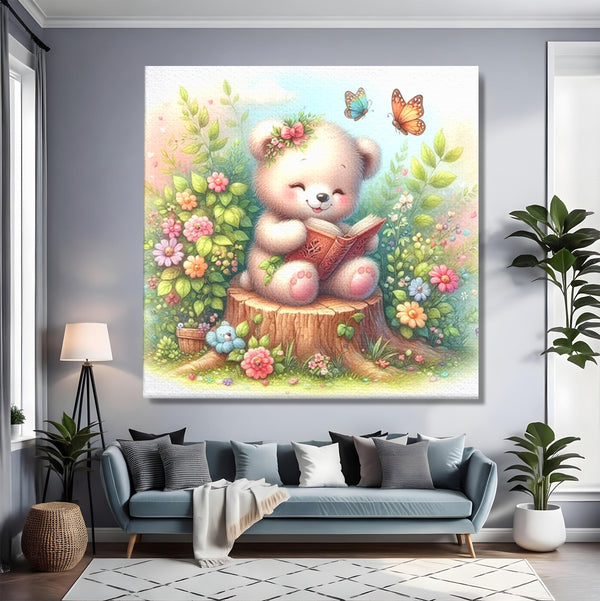 Tablou Canvas Premium, LuxCanva® K1048, Ursuletul Povestitor, Carte, Flori, Trunchi, Copac, Fluturasi, Lectura, Poveste, Fermecat, Magie, Padure, Atmosfera, Liniste, Camera Copil, Dormitor