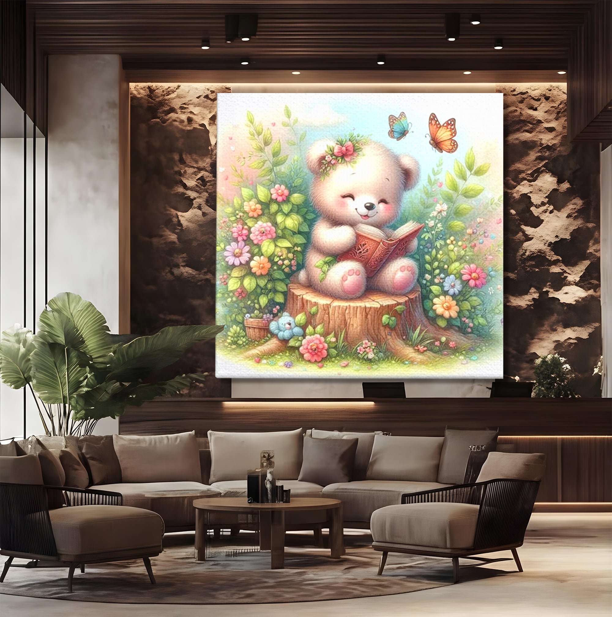Tablou Canvas Premium, LuxCanva® K1048, Ursuletul Povestitor, Carte, Flori, Trunchi, Copac, Fluturasi, Lectura, Poveste, Fermecat, Magie, Padure, Atmosfera, Liniste, Camera Copil, Dormitor