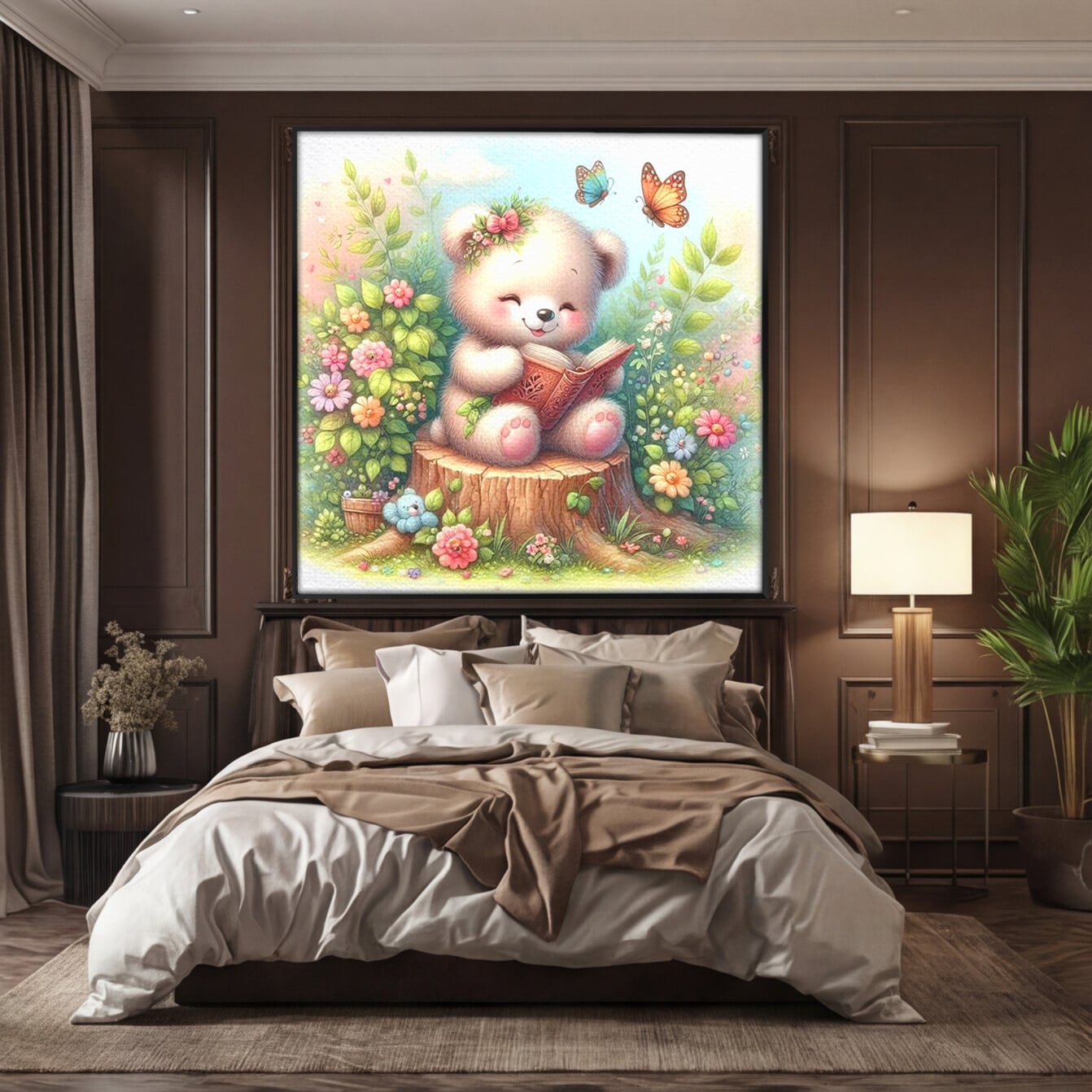 Tablou Canvas Premium, LuxCanva® K1048, Ursuletul Povestitor, Carte, Flori, Trunchi, Copac, Fluturasi, Lectura, Poveste, Fermecat, Magie, Padure, Atmosfera, Liniste, Camera Copil, Dormitor