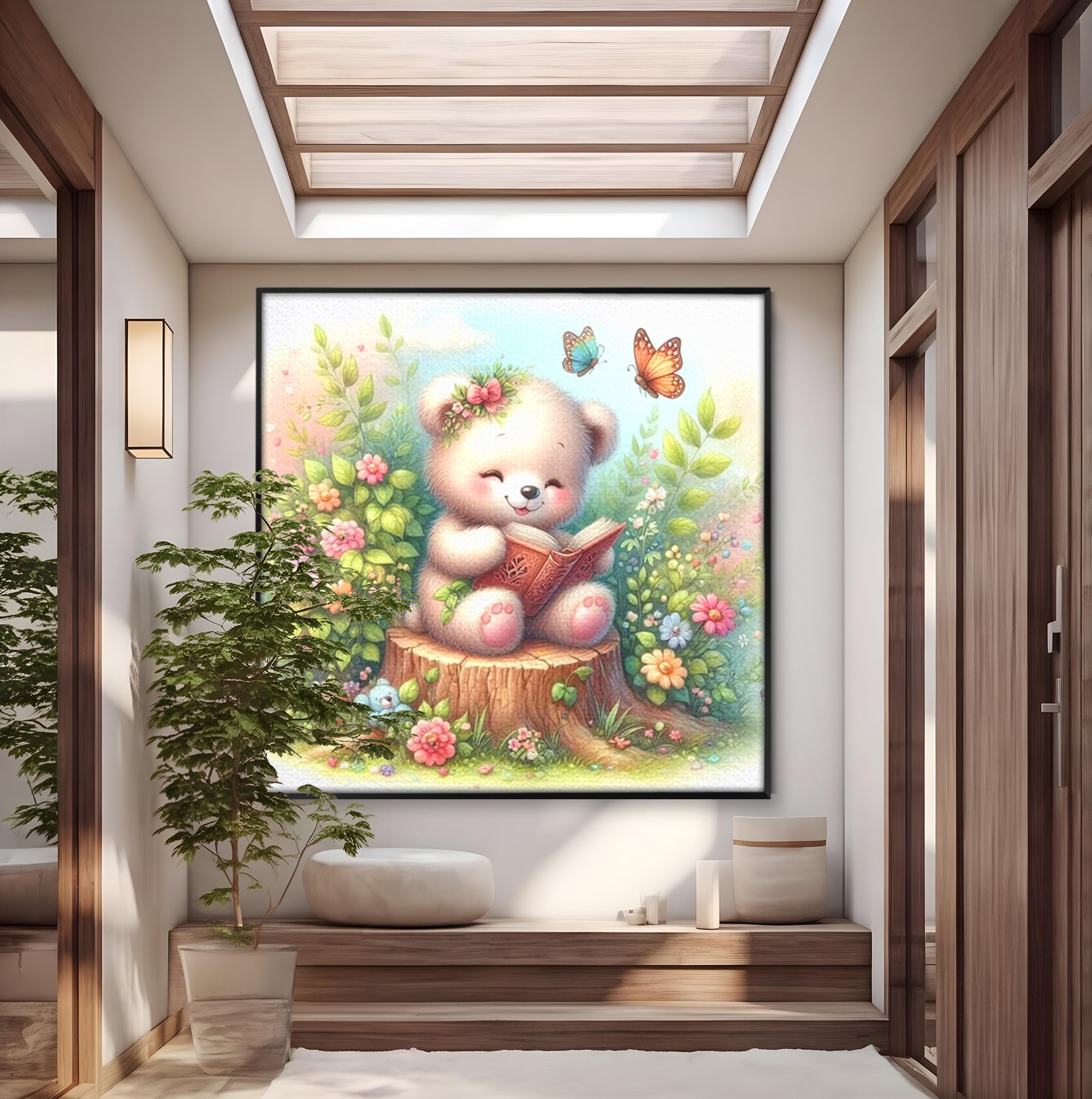Tablou Canvas Premium, LuxCanva® K1048, Ursuletul Povestitor, Carte, Flori, Trunchi, Copac, Fluturasi, Lectura, Poveste, Fermecat, Magie, Padure, Atmosfera, Liniste, Camera Copil, Dormitor