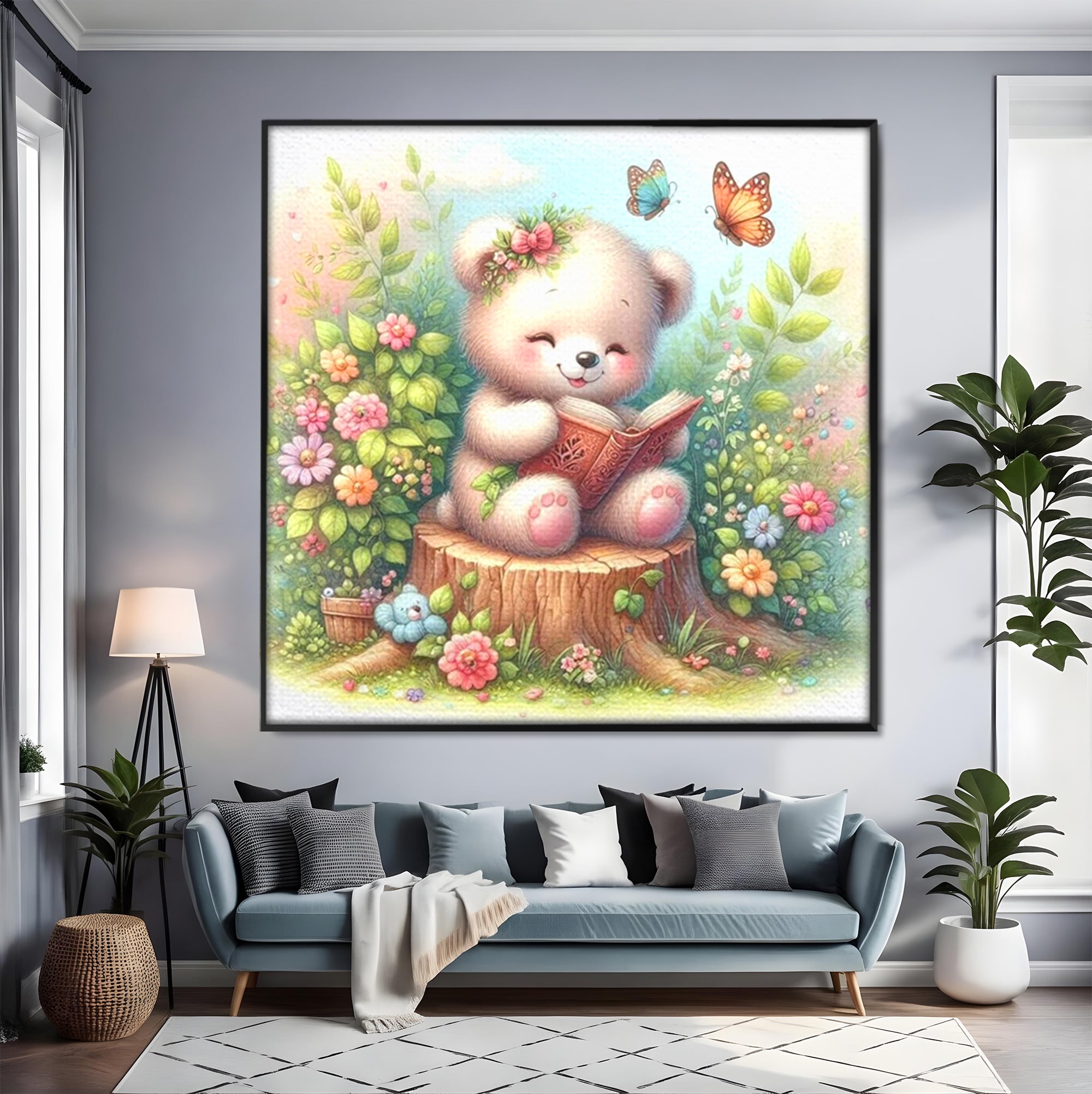 Tablou Canvas Premium, LuxCanva® K1048, Ursuletul Povestitor, Carte, Flori, Trunchi, Copac, Fluturasi, Lectura, Poveste, Fermecat, Magie, Padure, Atmosfera, Liniste, Camera Copil, Dormitor