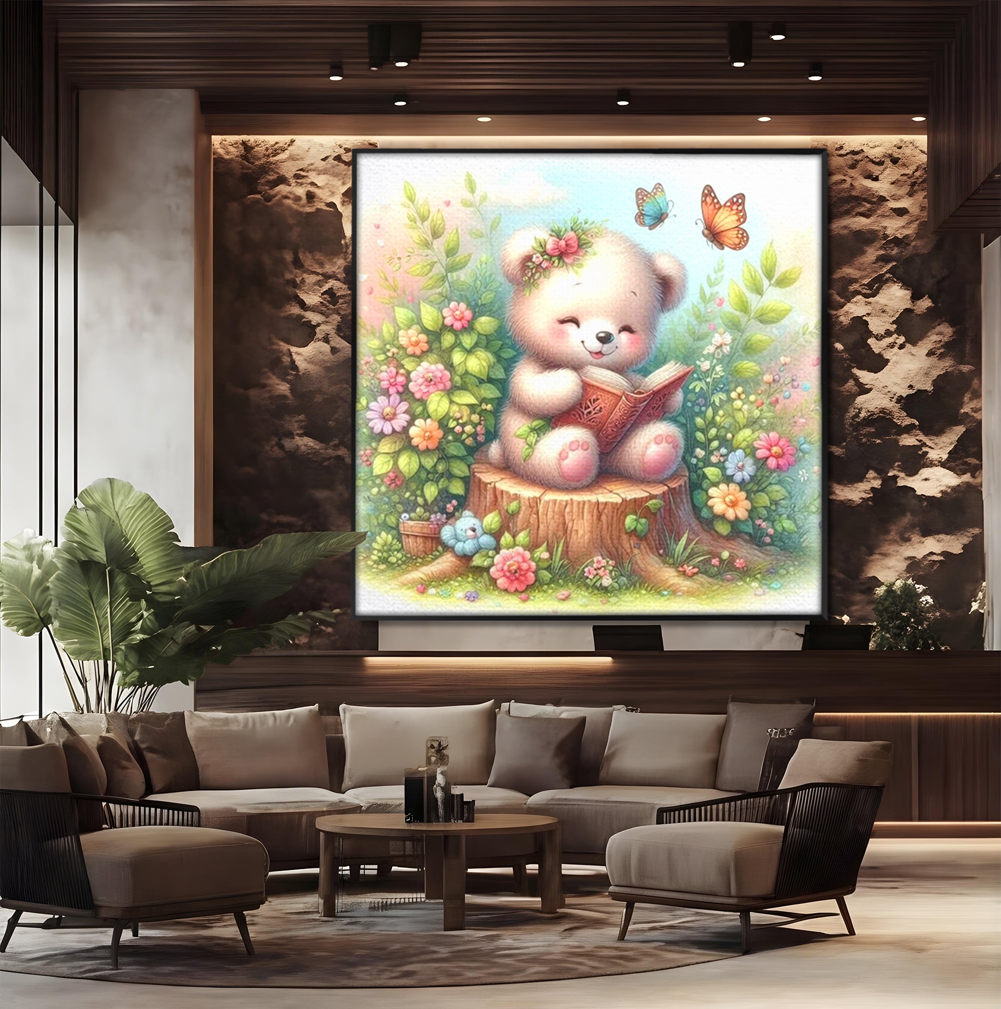 Tablou Canvas Premium, LuxCanva® K1048, Ursuletul Povestitor, Carte, Flori, Trunchi, Copac, Fluturasi, Lectura, Poveste, Fermecat, Magie, Padure, Atmosfera, Liniste, Camera Copil, Dormitor