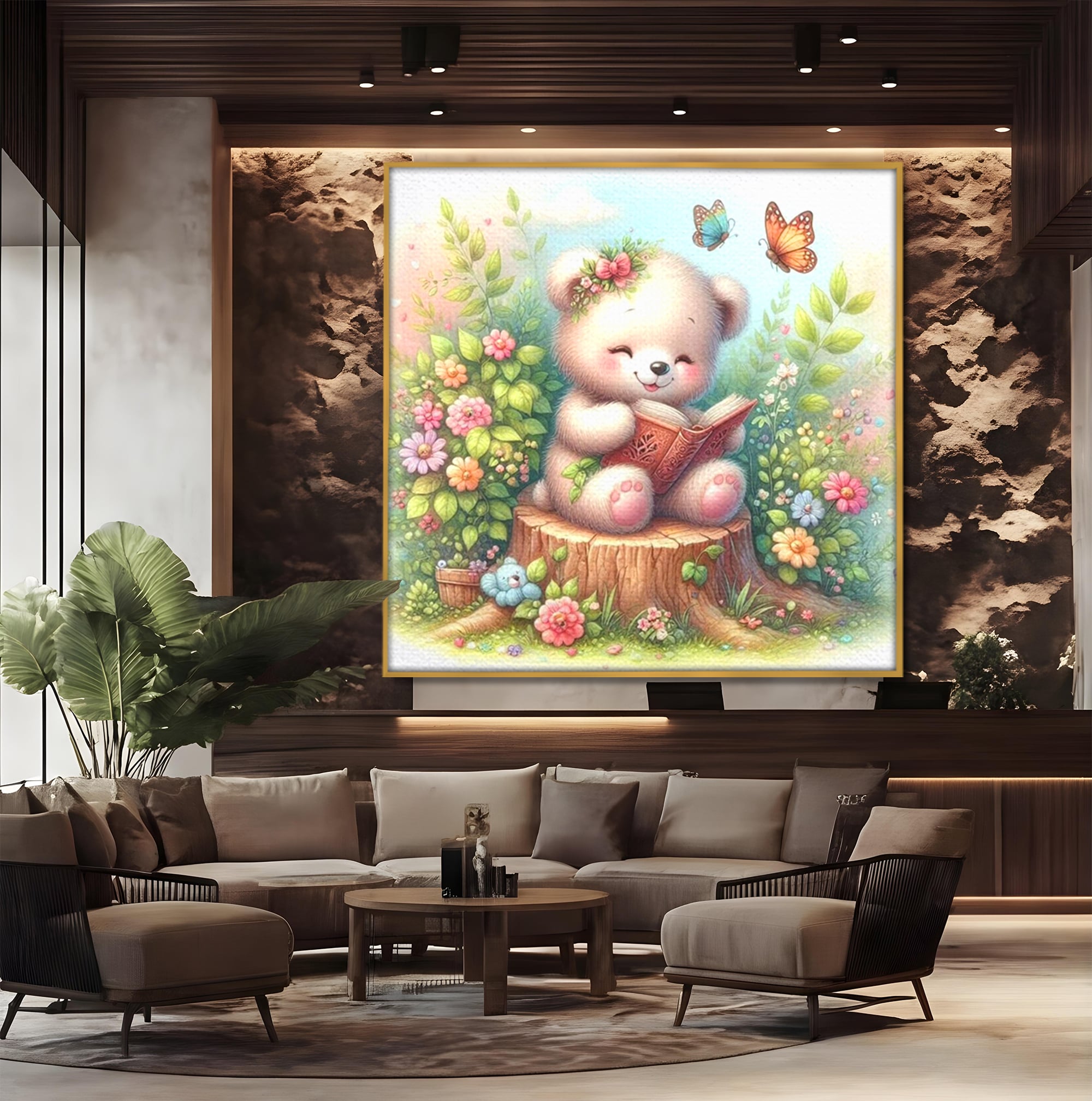 Tablou Canvas Premium, LuxCanva® K1048, Ursuletul Povestitor, Carte, Flori, Trunchi, Copac, Fluturasi, Lectura, Poveste, Fermecat, Magie, Padure, Atmosfera, Liniste, Camera Copil, Dormitor