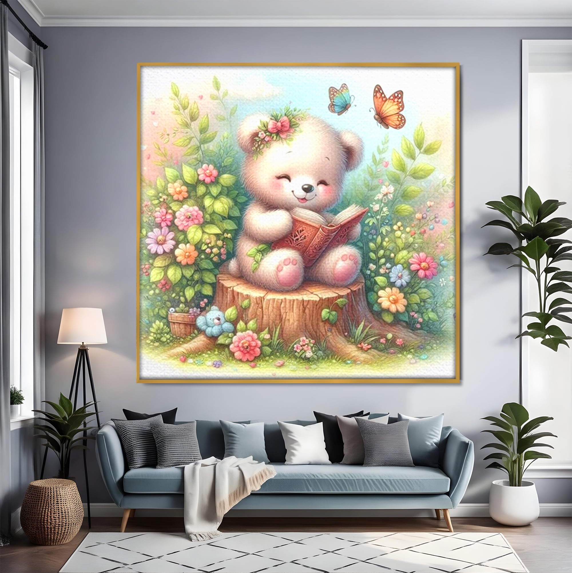 Tablou Canvas Premium, LuxCanva® K1048, Ursuletul Povestitor, Carte, Flori, Trunchi, Copac, Fluturasi, Lectura, Poveste, Fermecat, Magie, Padure, Atmosfera, Liniste, Camera Copil, Dormitor
