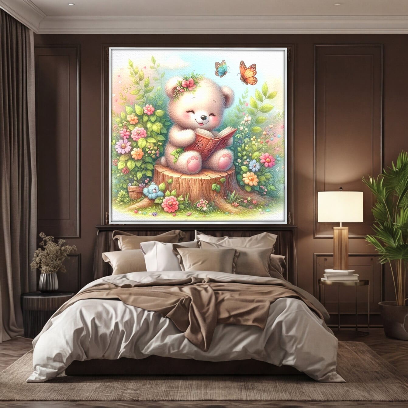 Tablou Canvas Premium, LuxCanva® K1048, Ursuletul Povestitor, Carte, Flori, Trunchi, Copac, Fluturasi, Lectura, Poveste, Fermecat, Magie, Padure, Atmosfera, Liniste, Camera Copil, Dormitor