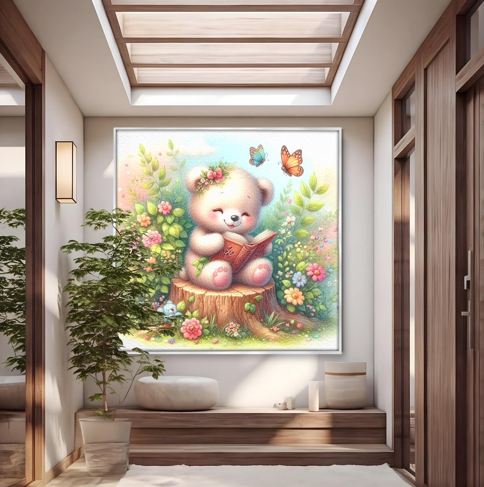 Tablou Canvas Premium, LuxCanva® K1048, Ursuletul Povestitor, Carte, Flori, Trunchi, Copac, Fluturasi, Lectura, Poveste, Fermecat, Magie, Padure, Atmosfera, Liniste, Camera Copil, Dormitor