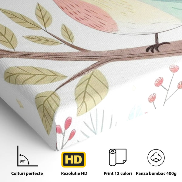 Tablou Canvas Premium, LuxCanva® K1049, Cantec in Culorile Cerului, Pasare, Ramura, Curcubeu, Norisori, Pastel, Fluturasi, Frunze, Flori, Cantecel, Padure, Pajiste, Camera Copil, Dormitor