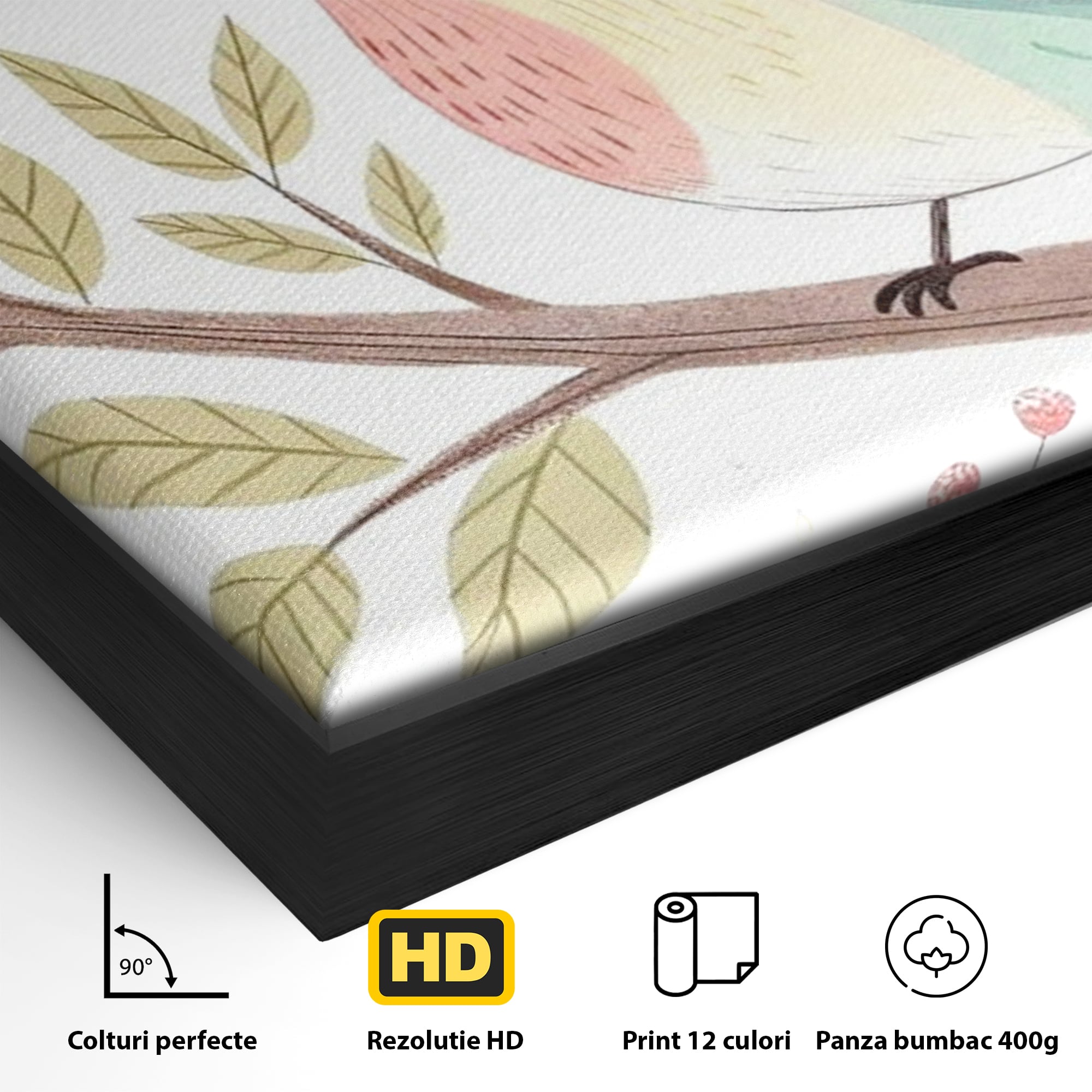 Tablou Canvas Premium, LuxCanva® K1049, Cantec in Culorile Cerului, Pasare, Ramura, Curcubeu, Norisori, Pastel, Fluturasi, Frunze, Flori, Cantecel, Padure, Pajiste, Camera Copil, Dormitor