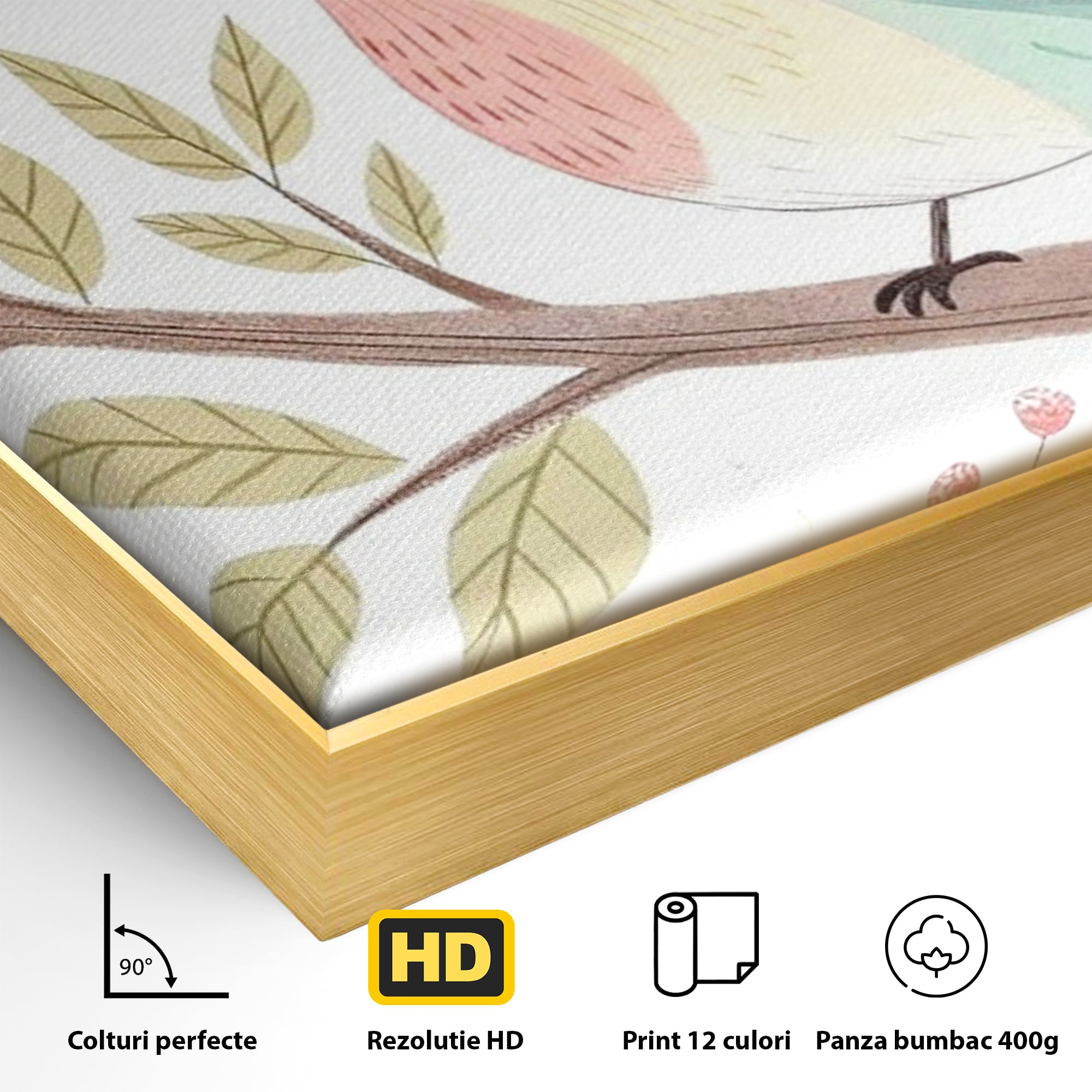 Tablou Canvas Premium, LuxCanva® K1049, Cantec in Culorile Cerului, Pasare, Ramura, Curcubeu, Norisori, Pastel, Fluturasi, Frunze, Flori, Cantecel, Padure, Pajiste, Camera Copil, Dormitor
