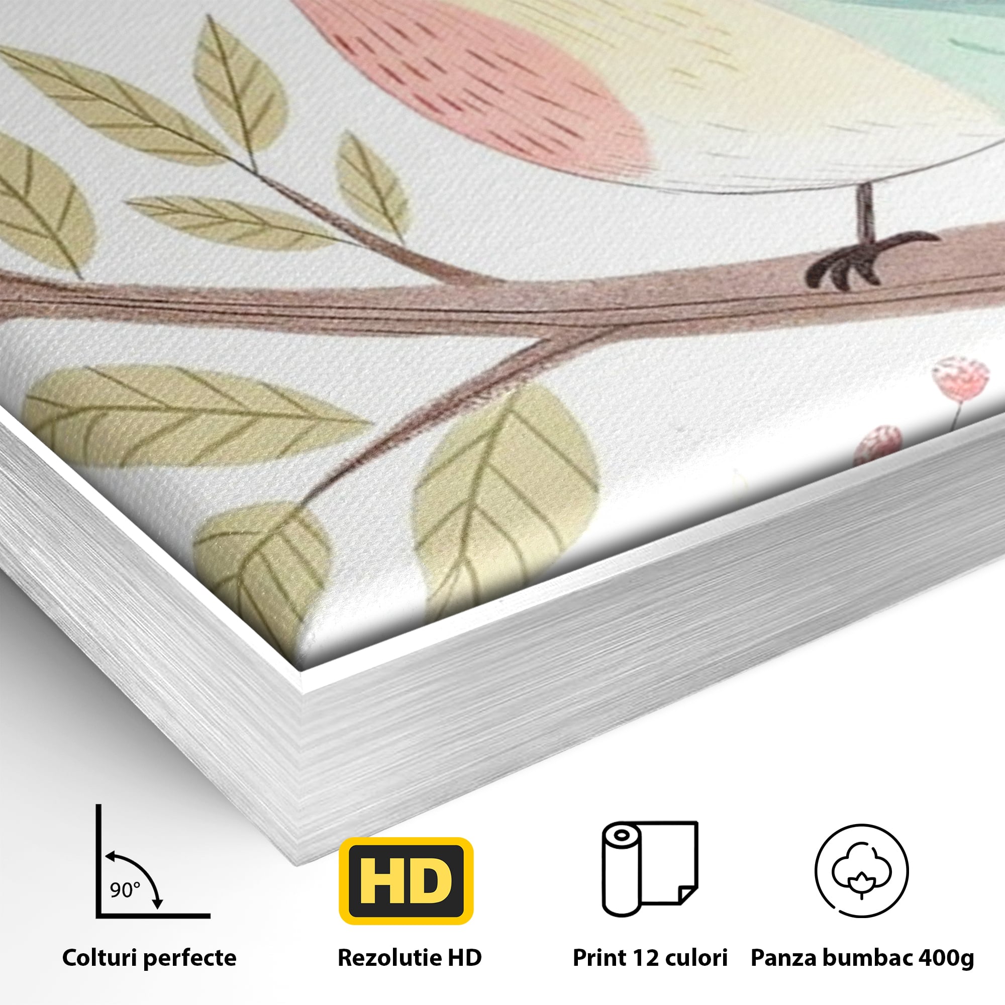 Tablou Canvas Premium, LuxCanva® K1049, Cantec in Culorile Cerului, Pasare, Ramura, Curcubeu, Norisori, Pastel, Fluturasi, Frunze, Flori, Cantecel, Padure, Pajiste, Camera Copil, Dormitor