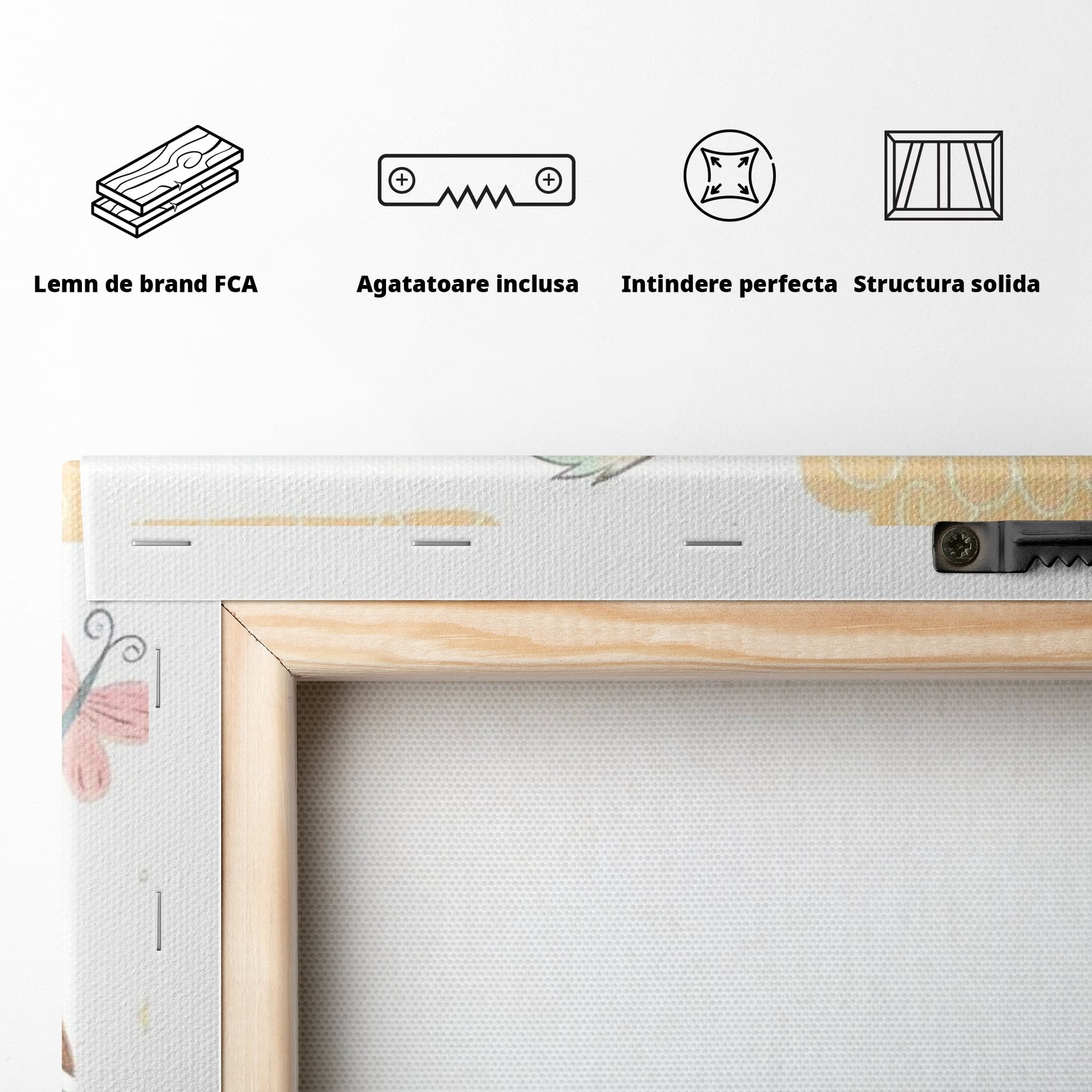 Tablou Canvas Premium, LuxCanva® K1049, Cantec in Culorile Cerului, Pasare, Ramura, Curcubeu, Norisori, Pastel, Fluturasi, Frunze, Flori, Cantecel, Padure, Pajiste, Camera Copil, Dormitor