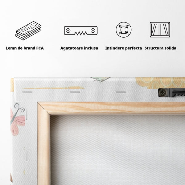 Tablou Canvas Premium, LuxCanva® K1049, Cantec in Culorile Cerului, Pasare, Ramura, Curcubeu, Norisori, Pastel, Fluturasi, Frunze, Flori, Cantecel, Padure, Pajiste, Camera Copil, Dormitor